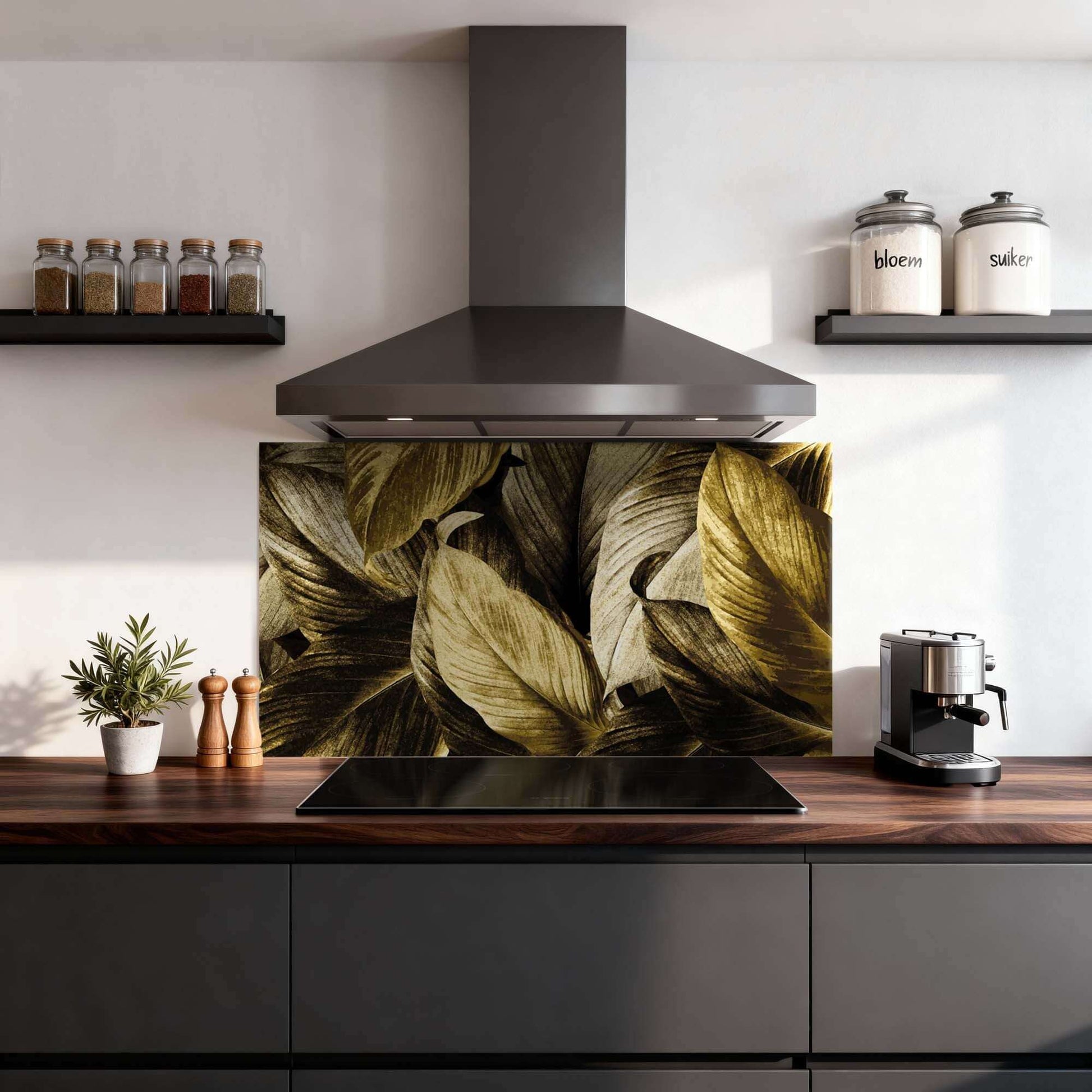 Golden Leaves Spatscherm in moderne keuken met bladmotief, spatwand stijlvol en luxe. Keuken spatscherm voor een elegante uitstraling.