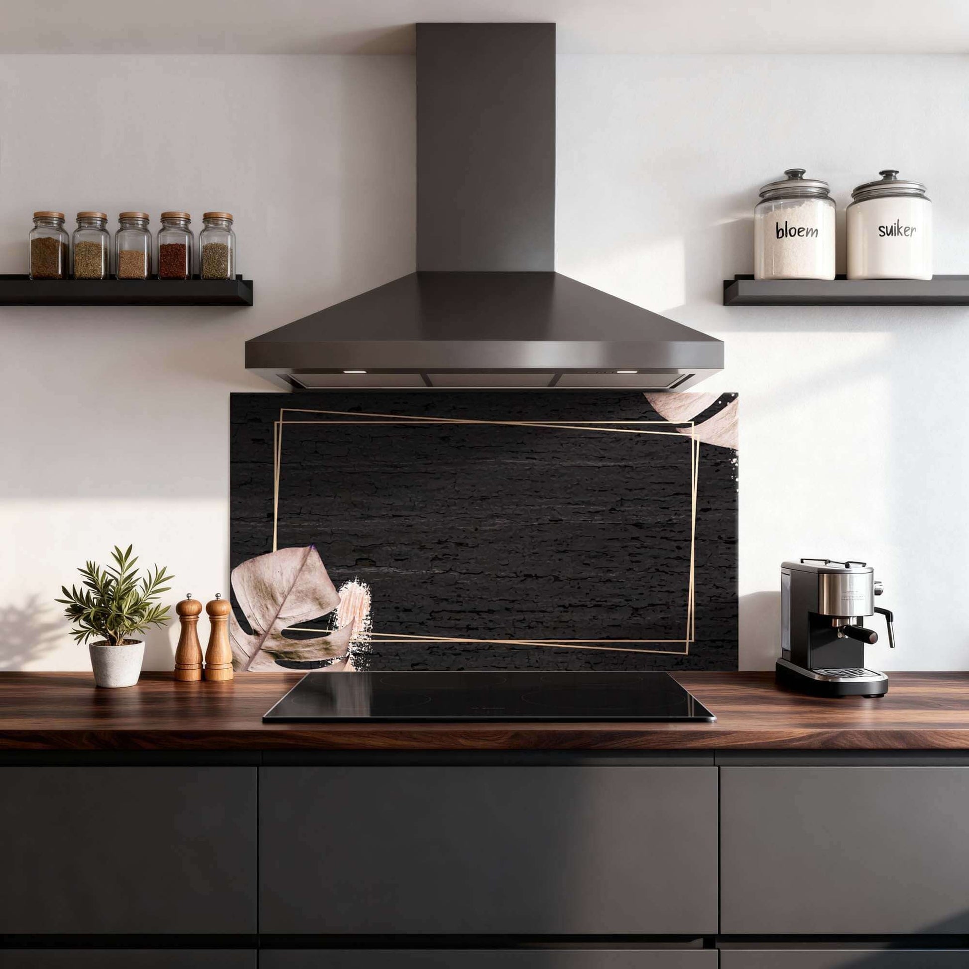 Midnight Leaves Spatscherm in moderne keuken, chique zwarte spatwand met gouden lijnen en bladaccenten, ideaal keuken spatscherm ontwerp.