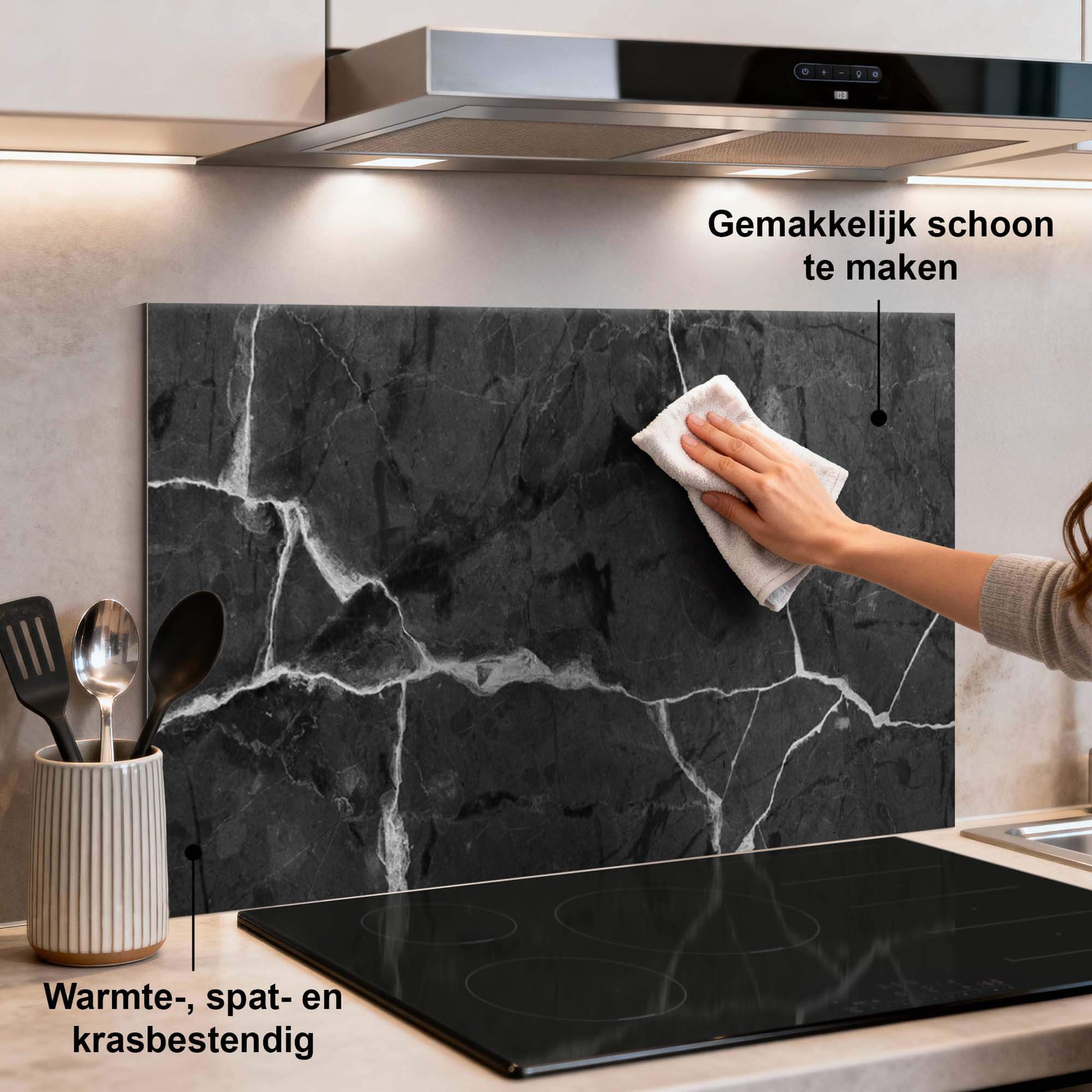 Black Marble Spatscherm voor Keuken, tijdloos zwart met witte aderen, eenvoudig schoon te maken, ideaal als spatwand.