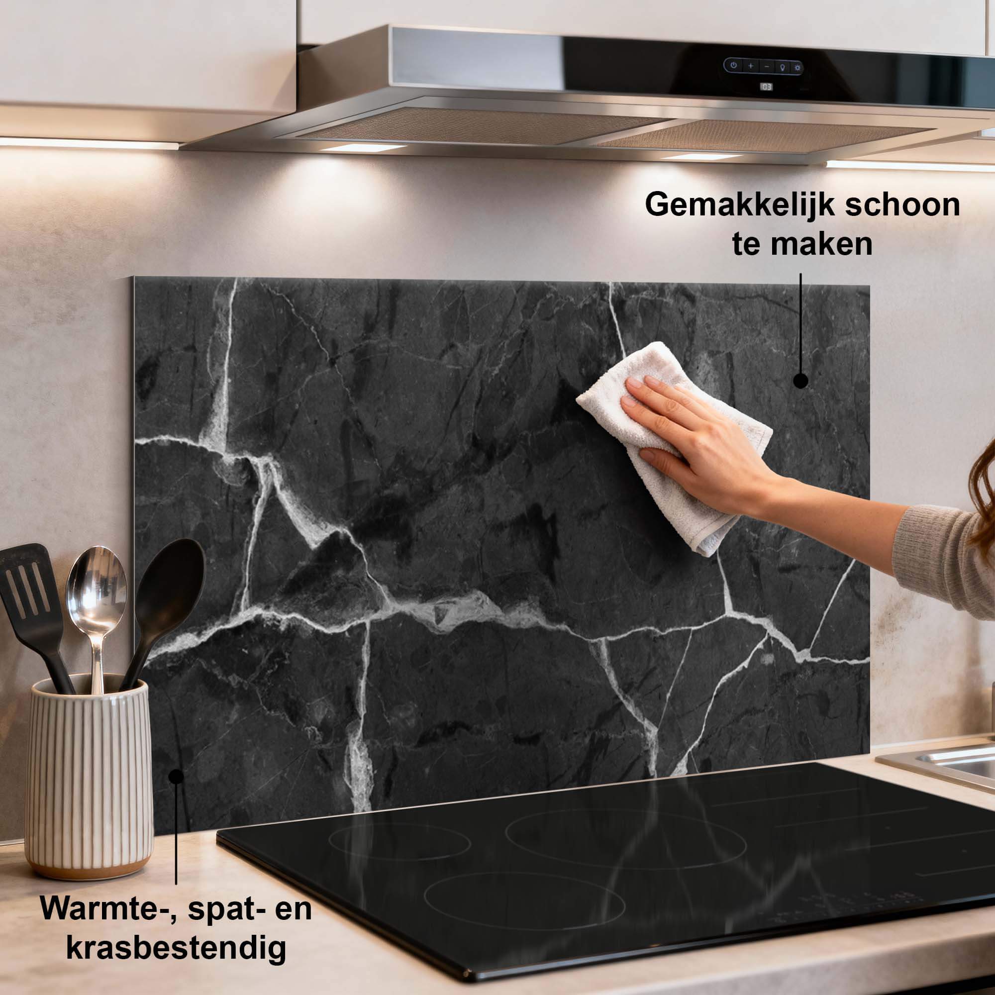 Black Marble Spatscherm voor Keuken, tijdloos zwart met witte aderen, eenvoudig schoon te maken, ideaal als spatwand.