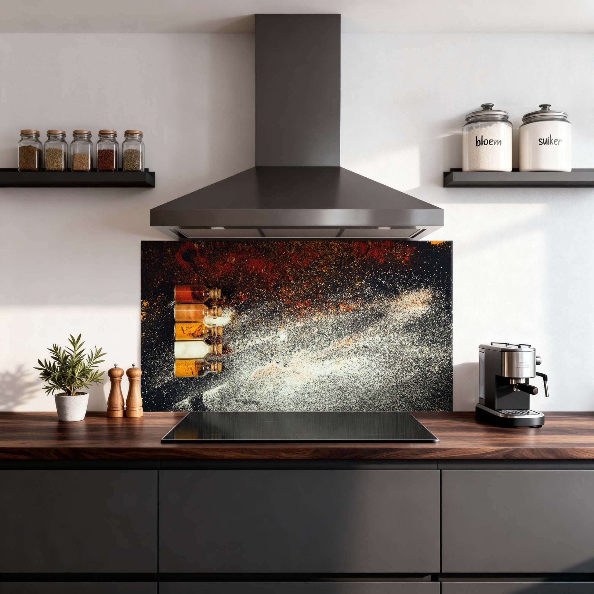Spice Bottles Spatscherm in moderne keuken met kleurrijke kruiden flesjes, stijlvol en praktisch spatscherm voor elke spatwand.