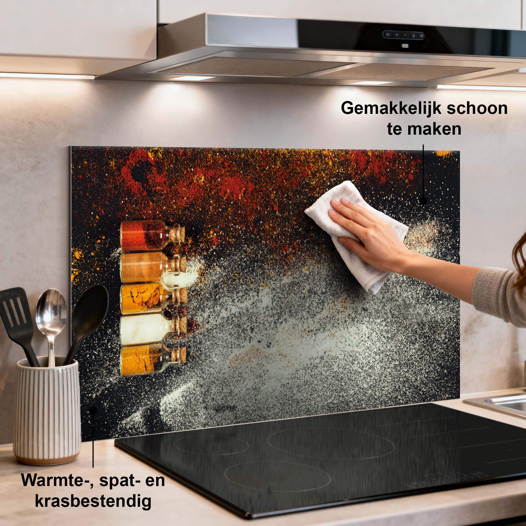 Spice Bottles Spatscherm in de keuken met kleurrijke kruidenflesjes, ideaal als spatwand en keuken spatscherm, makkelijk schoon te maken.