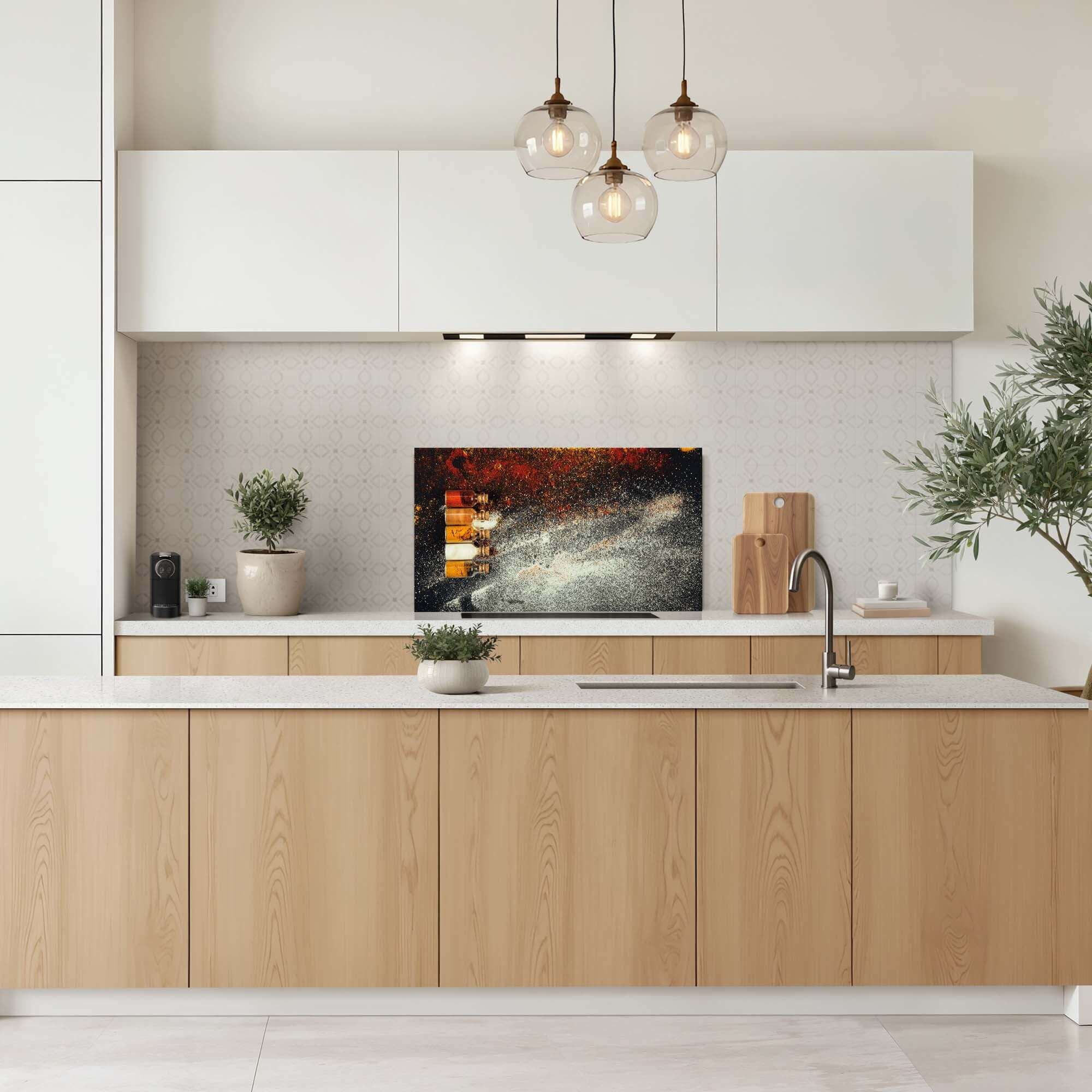 Moderne keuken met Spice Bottles Spatscherm en kleurrijke kruiden, inclusief Keuken Spatscherm en Spatwand voor stijl en praktische voordelen.