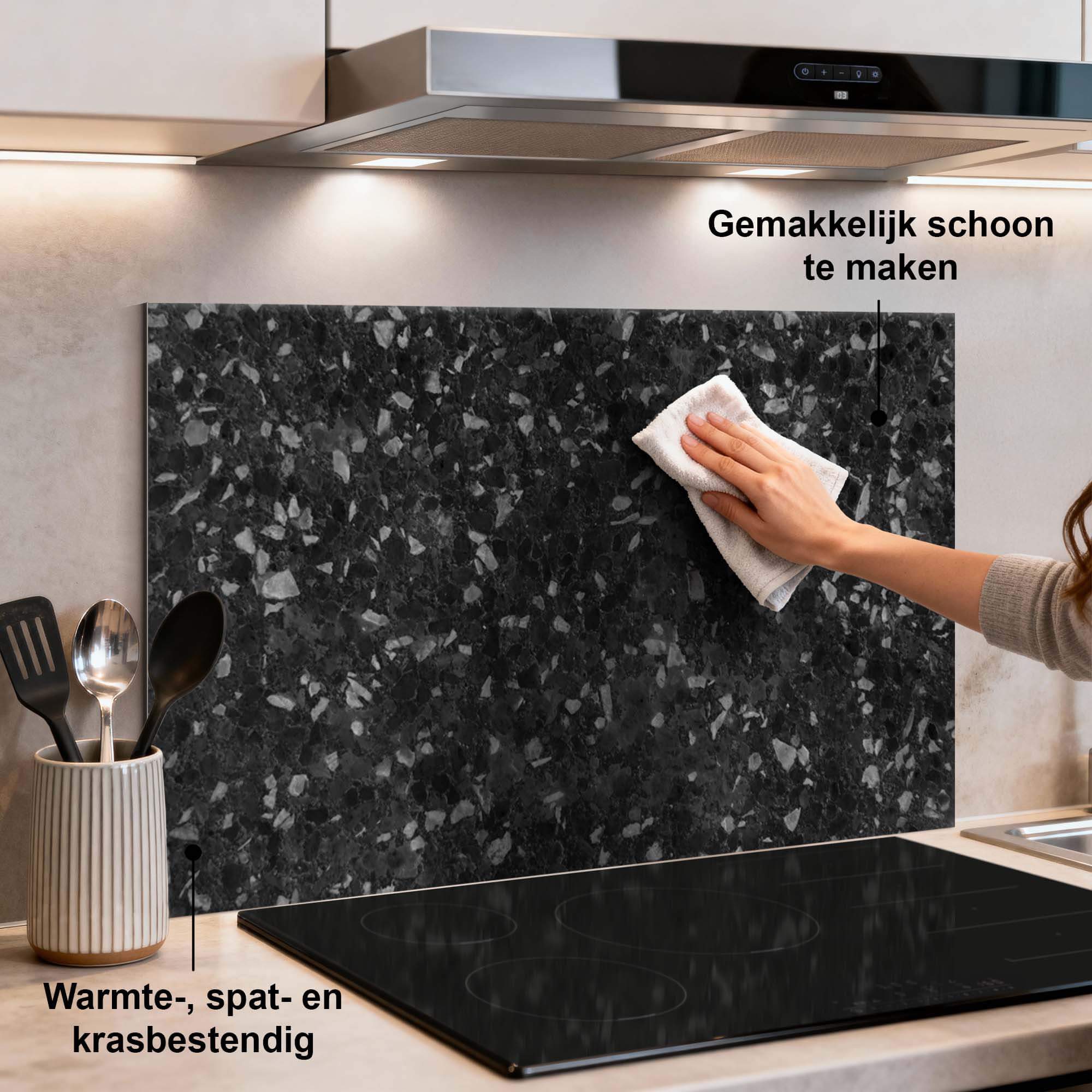 Obsidian Granite Spatscherm in keuken, hittebestendig en krasvast, elegante spatwand als keuken spatscherm, schoonmaak makkelijk gemaakt
