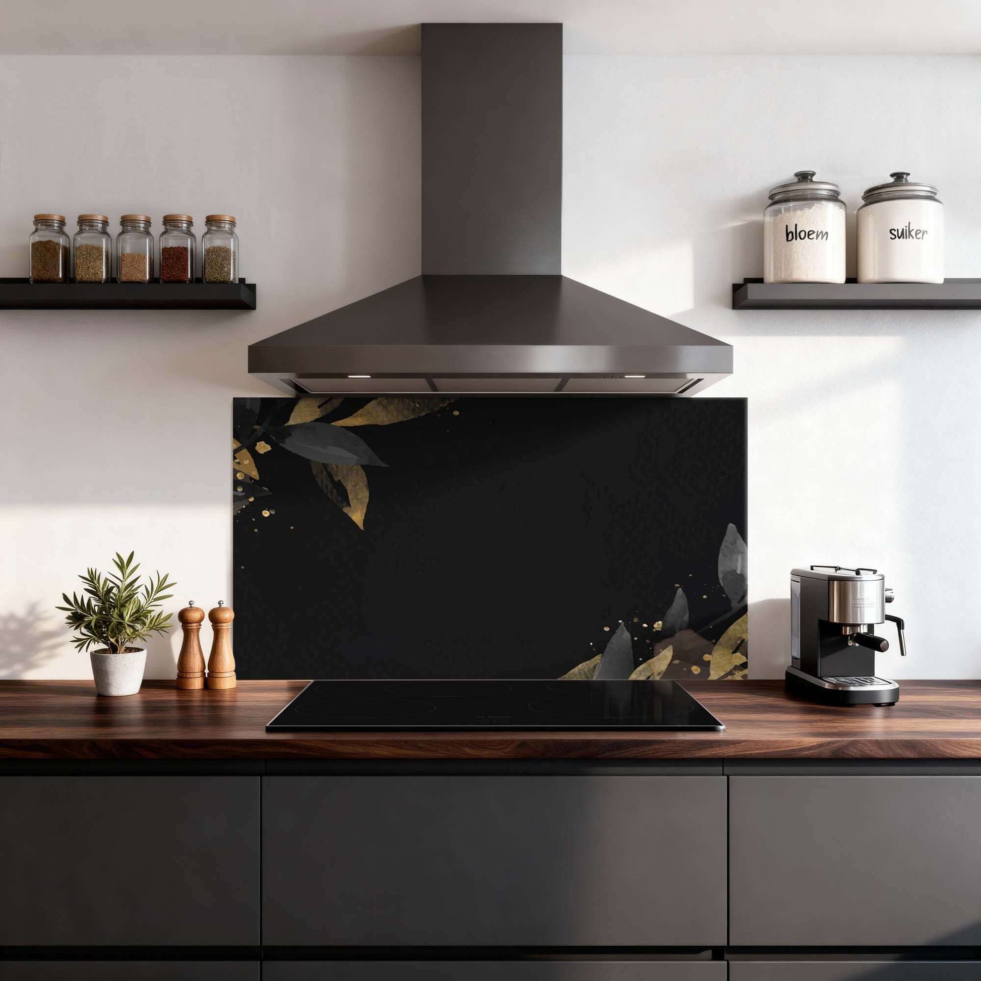 Black Olive Spritzschutz in der modernen Küche, hitzebeständig und kratzfest Spritzschutz mit goldenen Oliven Akzenten. Idealer Spritzschutz für die Küche.