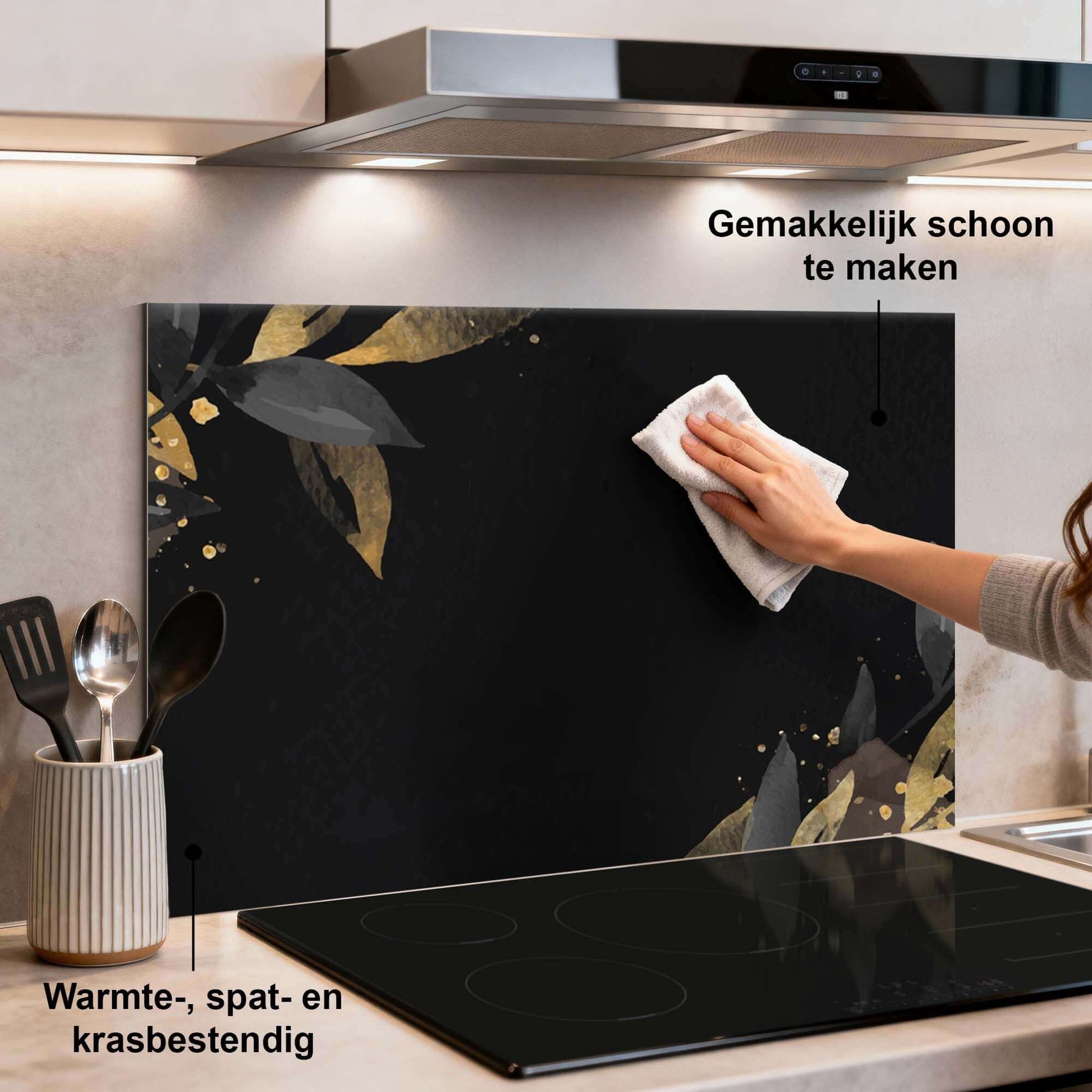 Schwarze Olive Küchenrückwand, hitzebeständige Rückwand mit goldenen olivfarbenen Akzenten, luxuriöse Küchenrückwand, kratzfest und leicht zu reinigen.