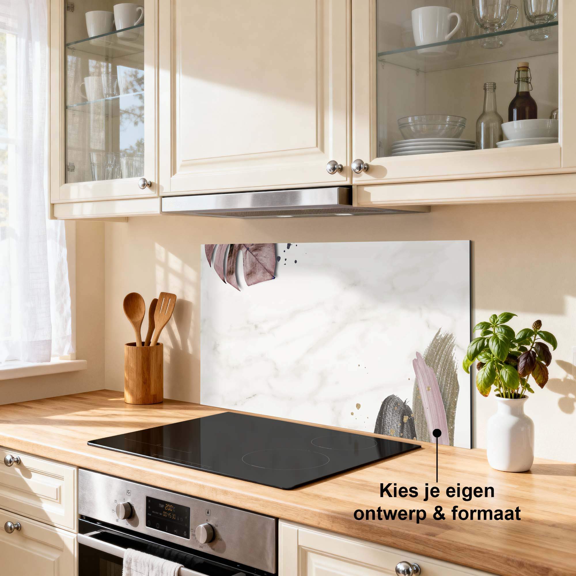 Soft Blush Spatscherm met marmerdesign in moderne keuken, spatwand met roze en gouden accenten, ideaal voor elke keukenstijl.