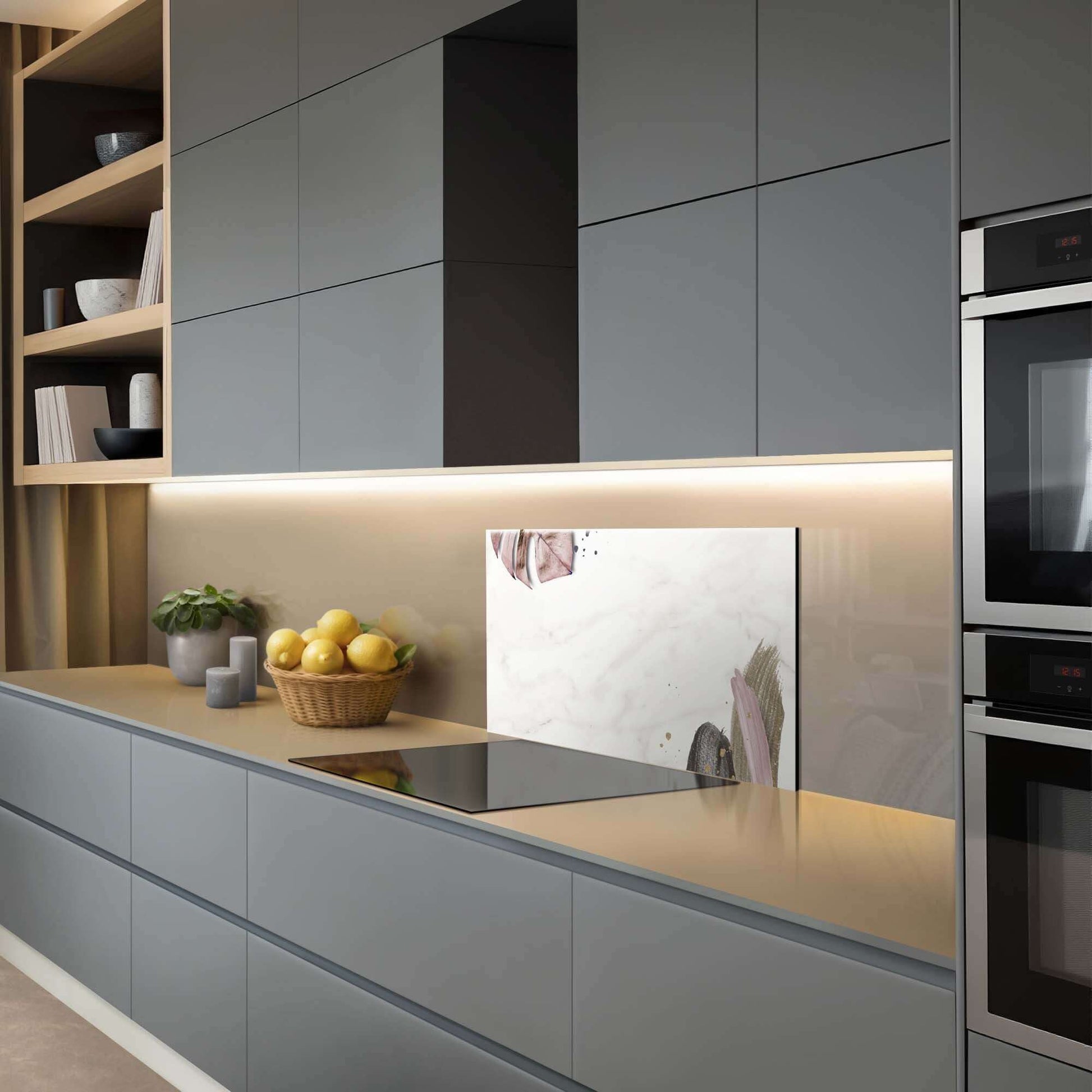 Soft Blush Spatscherm met marmerdesign, keuken spatscherm met roze en gouden accenten, moderne spatwand met stijlvolle uitstraling