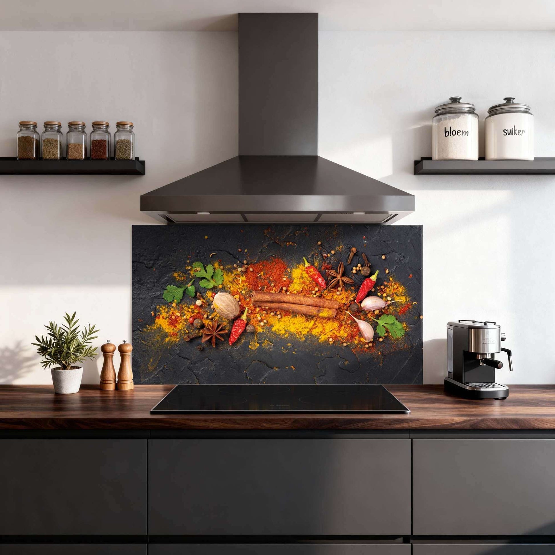 Spice Canvas Spritzwand in moderner Küche mit farbenfrohem und funktionellem Design, ideal als Spritzwand und Küchenrückwand.