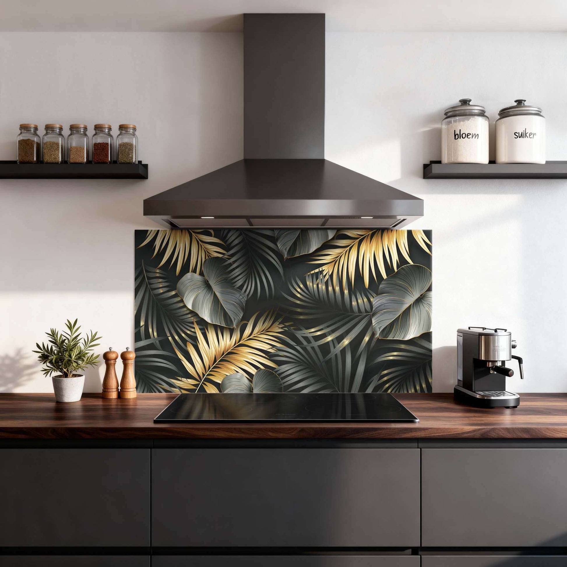Golden Palms Spatscherm in moderne keuken met zwart-gouden palmbladontwerp, ideaal als spatwand en keuken spatscherm.