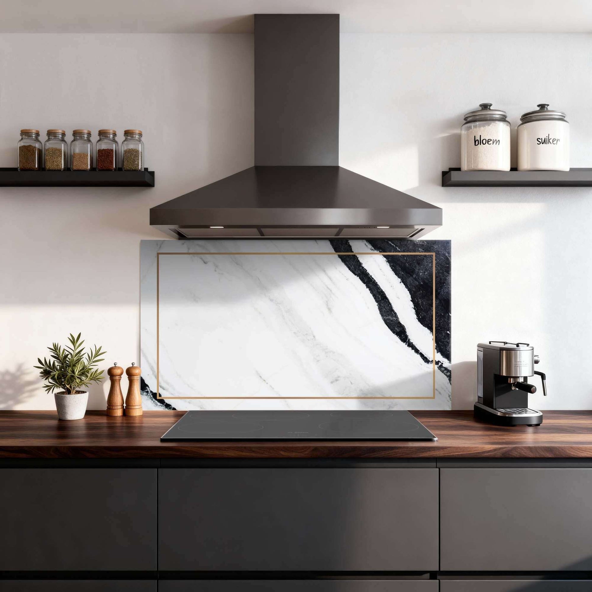 Marble Modern Spatscherm met marmerlook en gouden accent, elegant keuken spatscherm, moderne spatwand in strakke keukeninrichting.