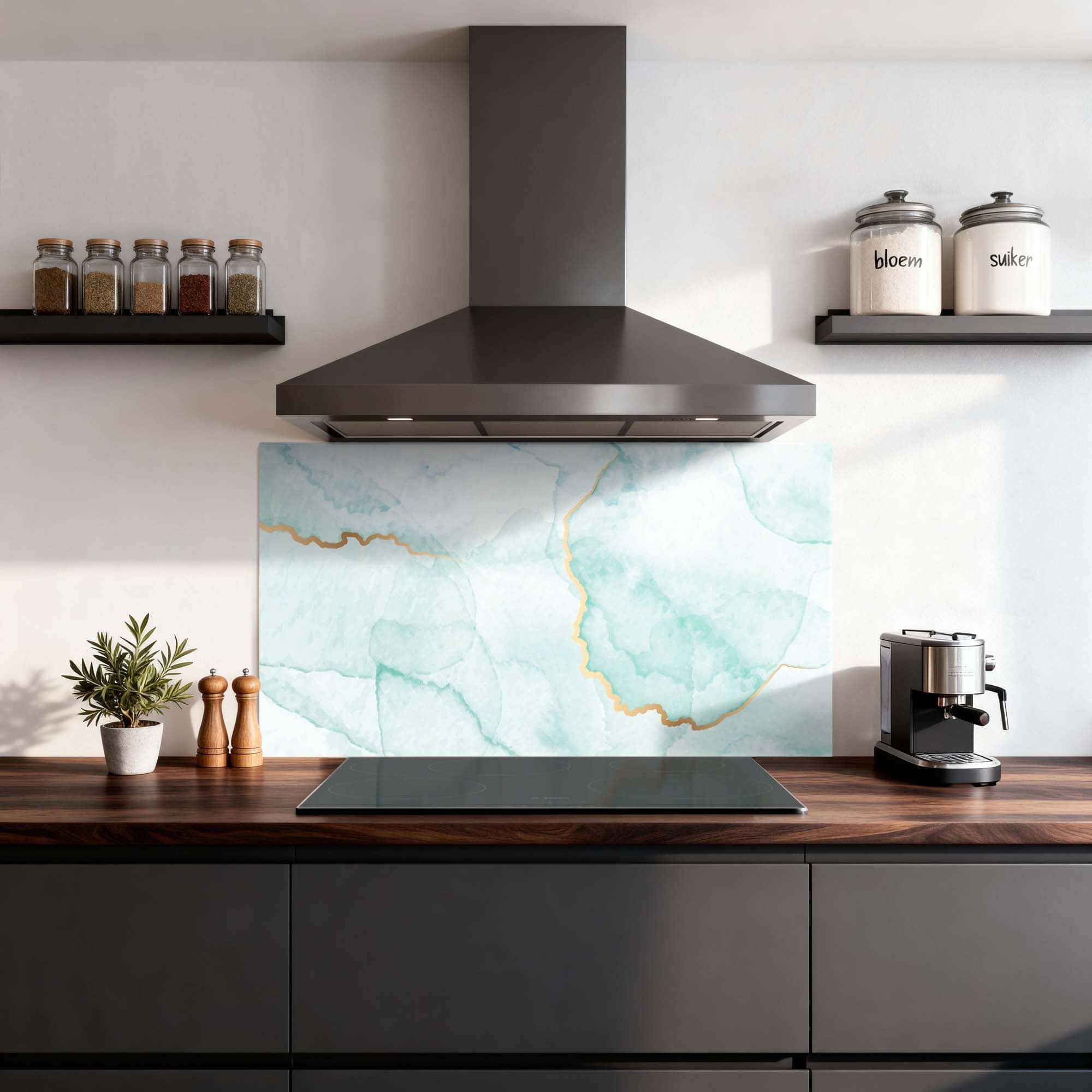 Misty Jade Spatscherm met jadegroen marmerdesign en gouden aders, elegant keuken spatscherm, stijlvolle spatwand voor moderne keukens.