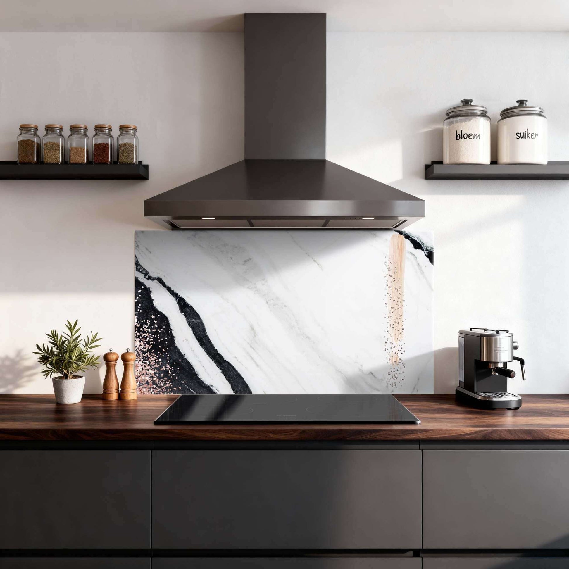 Marble Blush Spatscherm met marmerstructuur en blush tint in moderne keuken, ideaal als spatwand of keuken spatscherm.