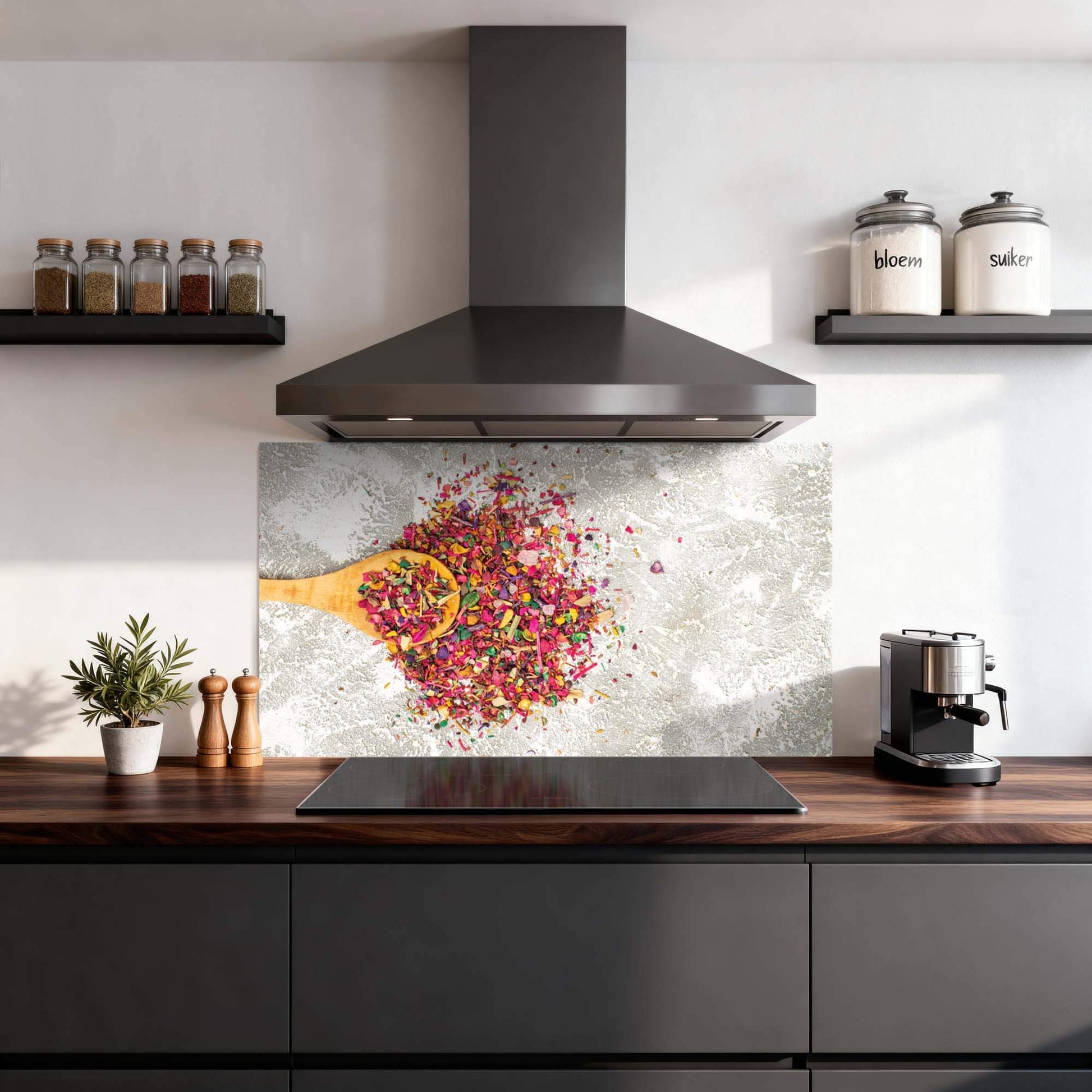 Spice Delight Spatscherm in keuken met kleurrijke kruiden print, ideaal als spatwand. Perfecte aanvulling op modern keukeninterieur.