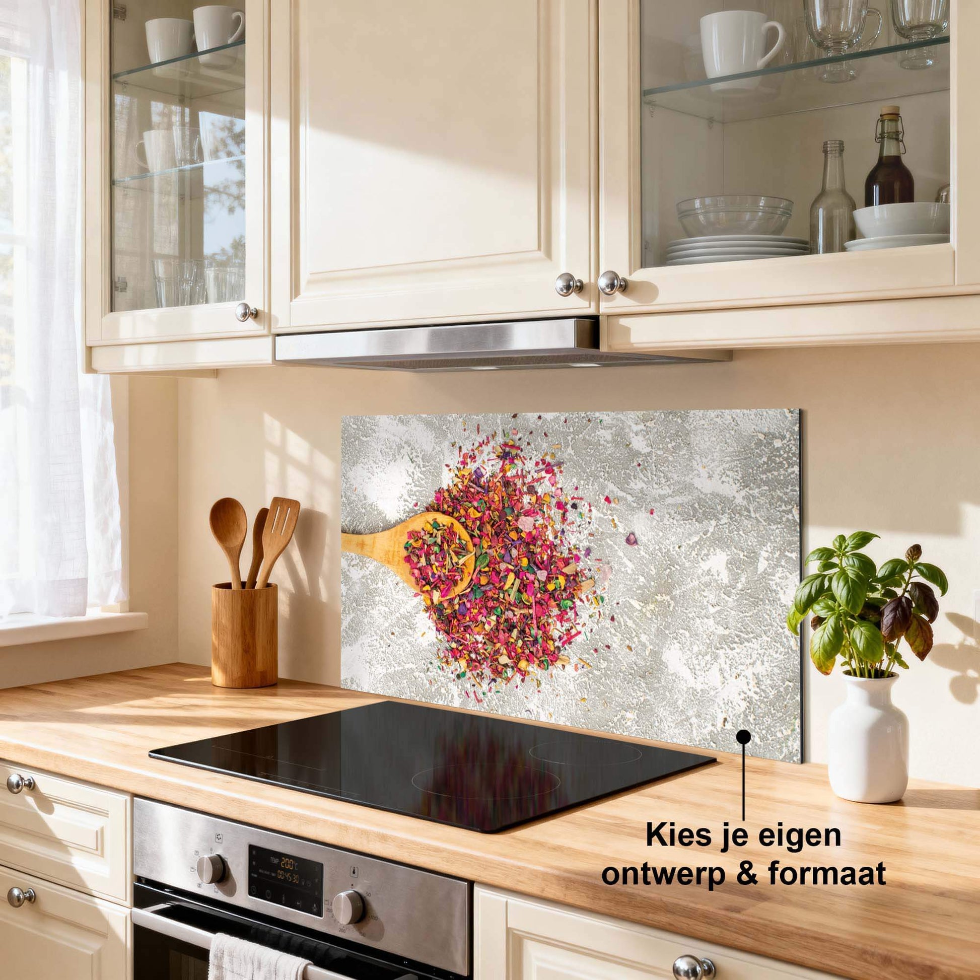 Spice Delight Spatscherm als kleurrijk keuken spatscherm met kruidenprint, perfect voor een inspirerende keukenomgeving.