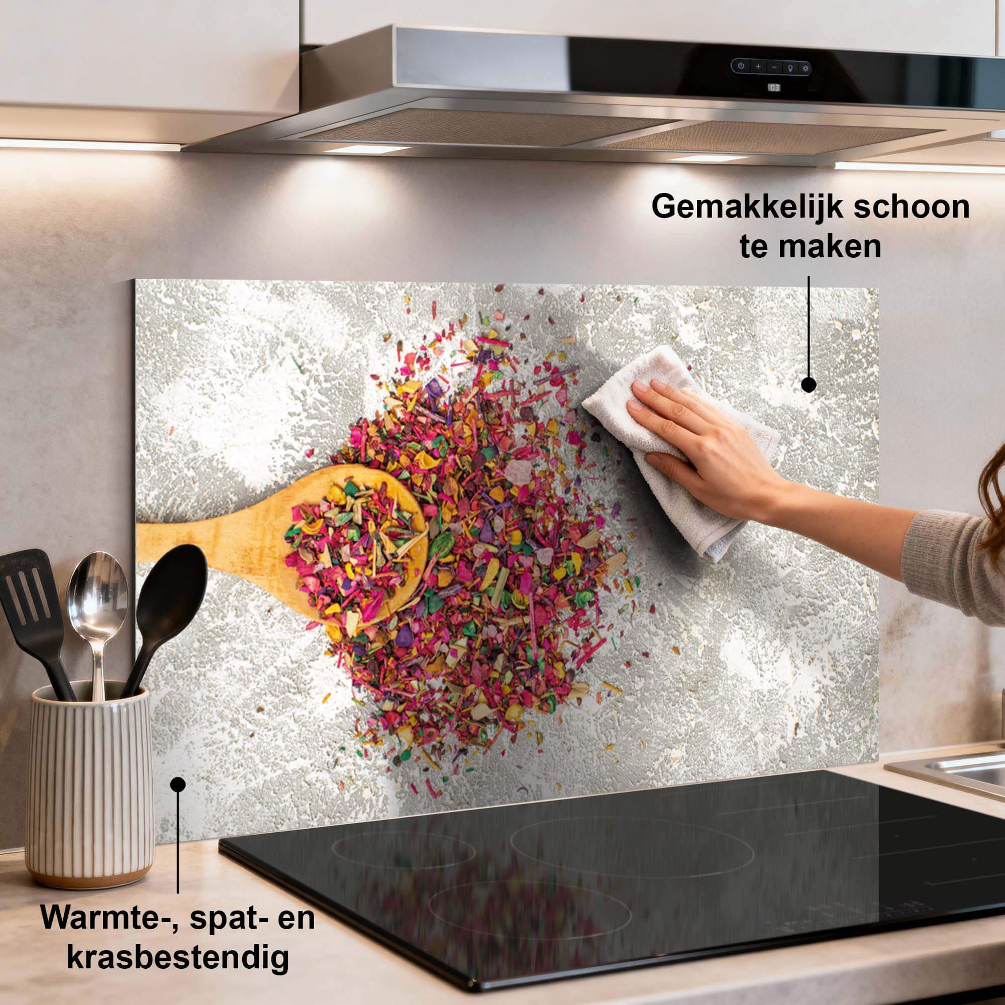 Spice Delight Spatscherm als kleurrijke en makkelijk schoon te maken keuken spatscherm voor een inspirerende keuken.