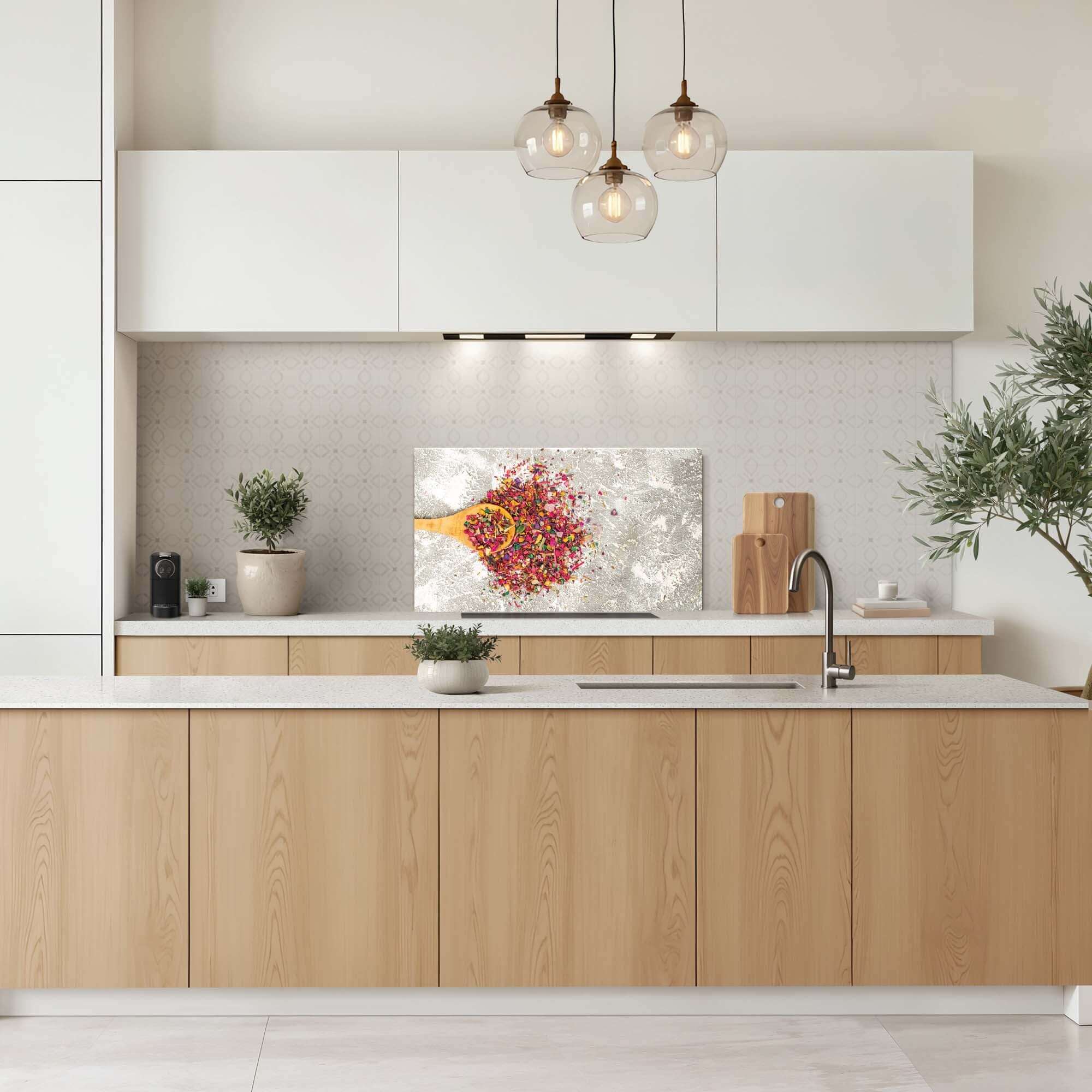 Spice Delight Spatscherm in moderne keuken, kleurrijke spatwand met kruidenmotief, ideaal als keuken spatscherm voor een unieke look.