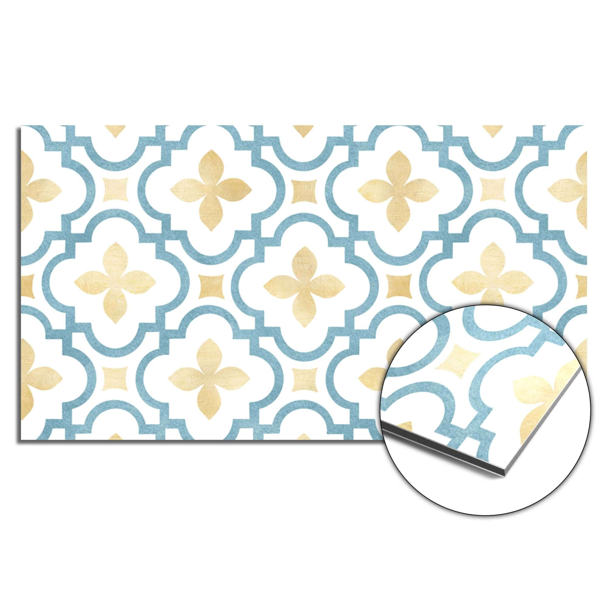 Azure Blossom Spatscherm met azuurblauw en goud patroon, ideaal als keuken spatscherm of spatwand.