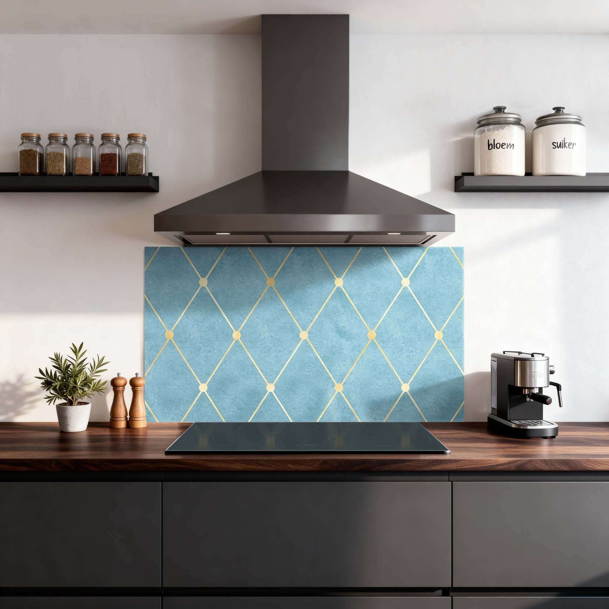 Azure Line Grid Spatscherm met strak ruitpatroon in goud, ideaal keuken spatscherm of spatwand voor een moderne keuken