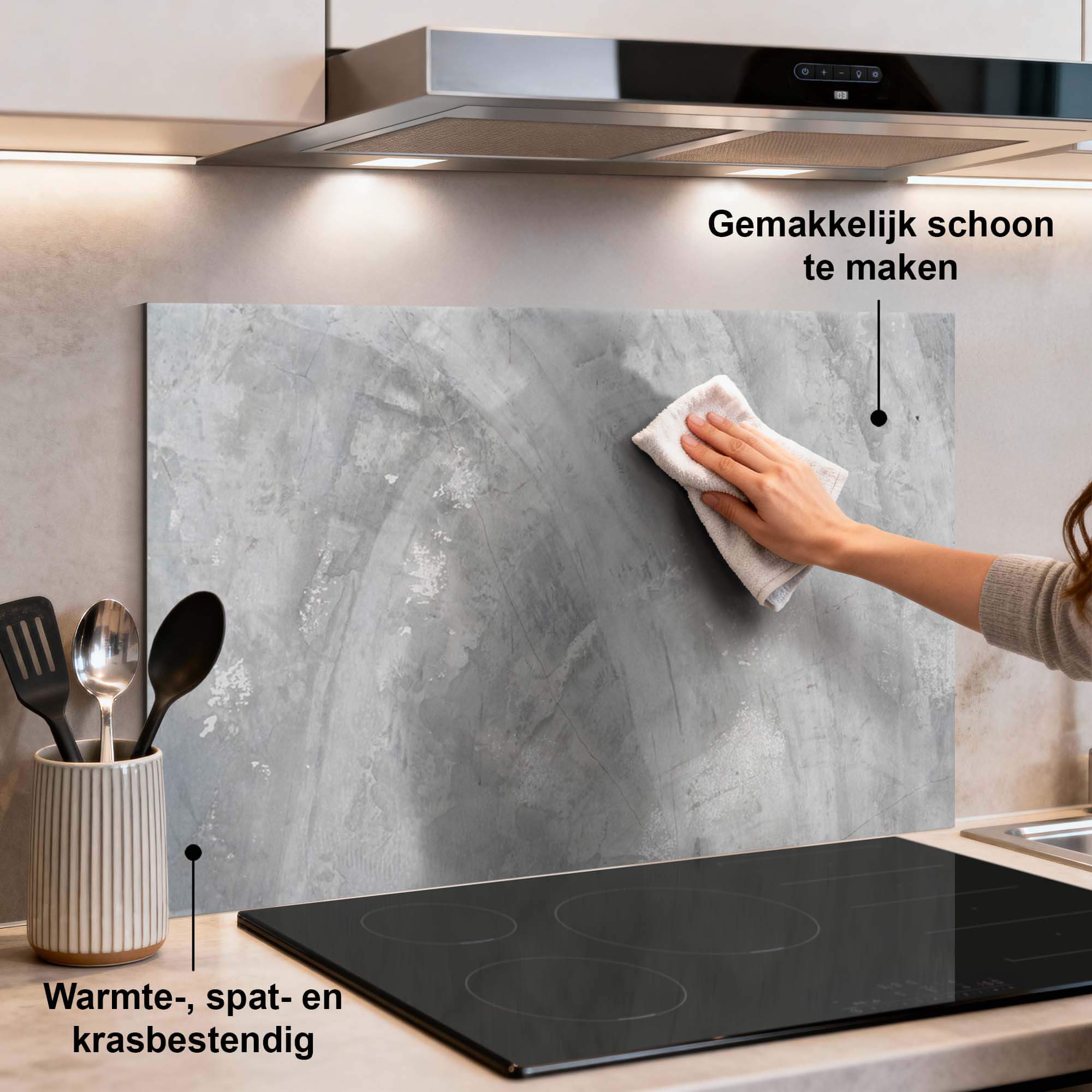 Concrete Flow Spritzwand für die Küche, Aluminium Spritzwand in Betonoptik, hitze- und kratzfest, ideal für moderne Küchen.