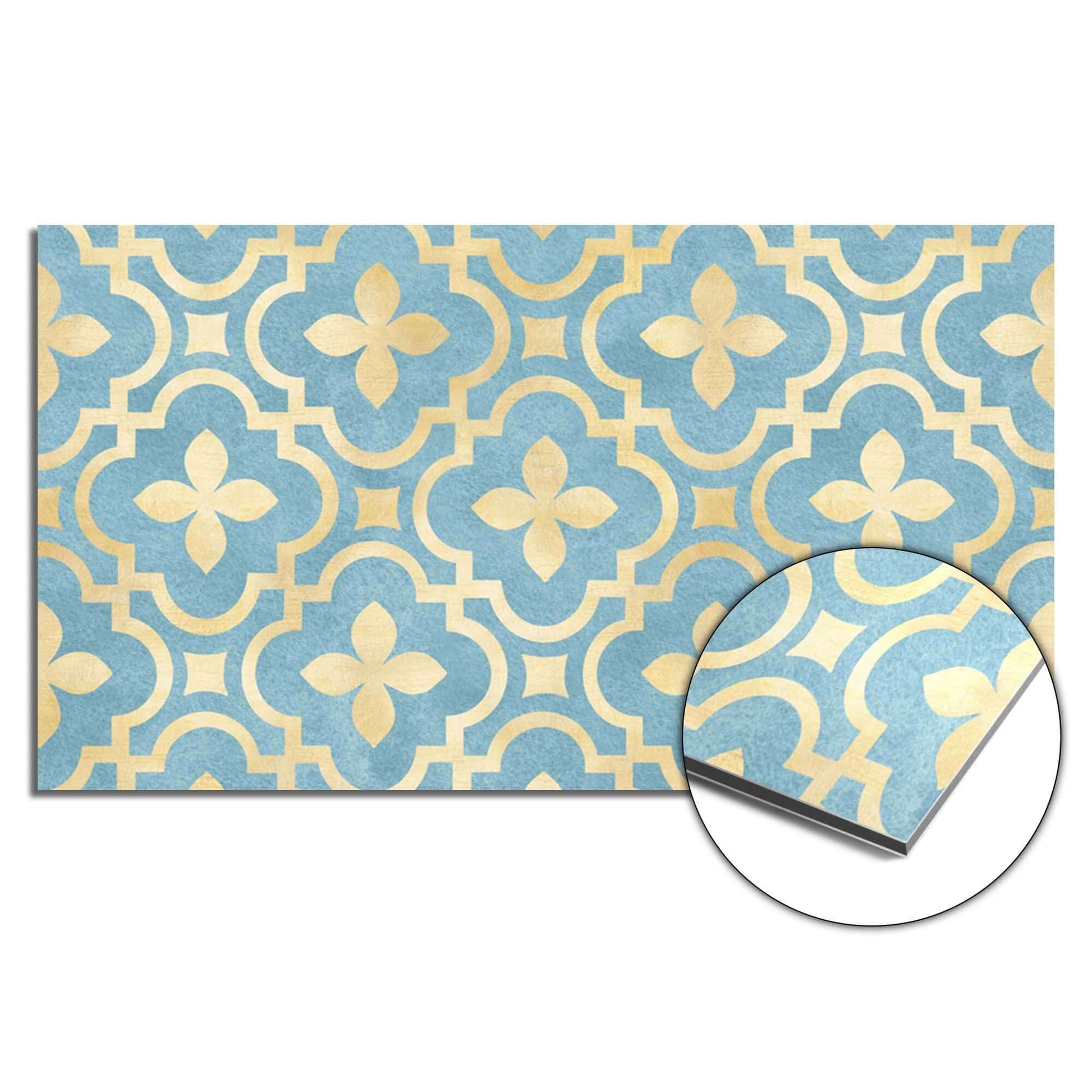 Deep Azure Blossom Spatscherm met blauw-goud tegelmotief, perfect als keuken spatscherm of spatwand.