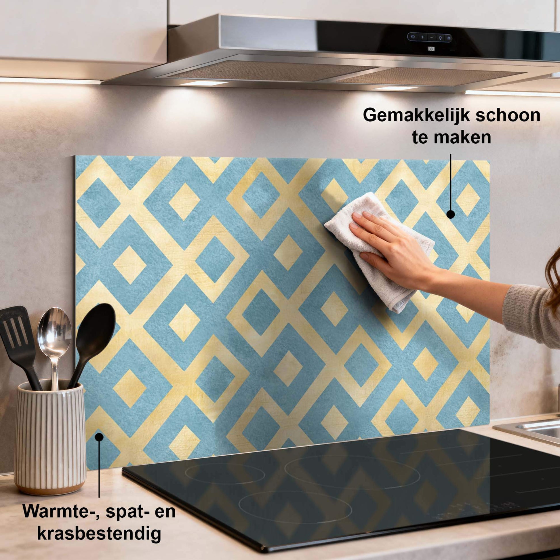 Azuerblauw en goud Deep Diamond Grid Spatscherm in moderne keuken, keuken spatscherm met geometrisch patroon, spatwand