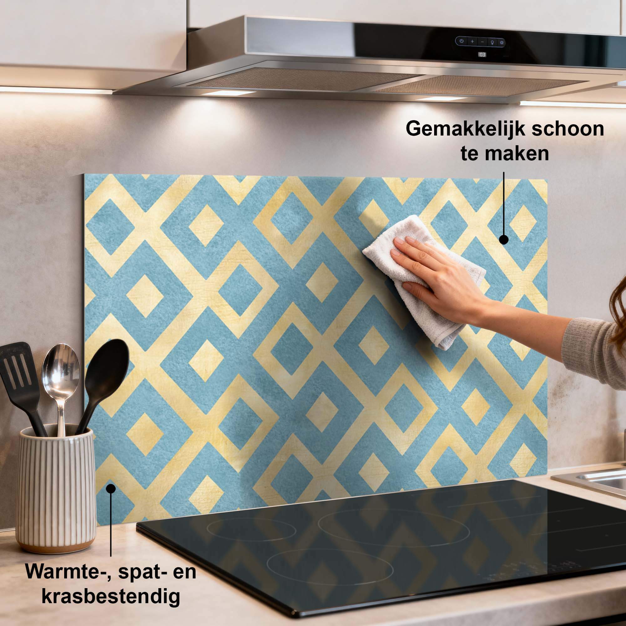 Azuerblauw en goud Deep Diamond Grid Spatscherm in moderne keuken, keuken spatscherm met geometrisch patroon, spatwand