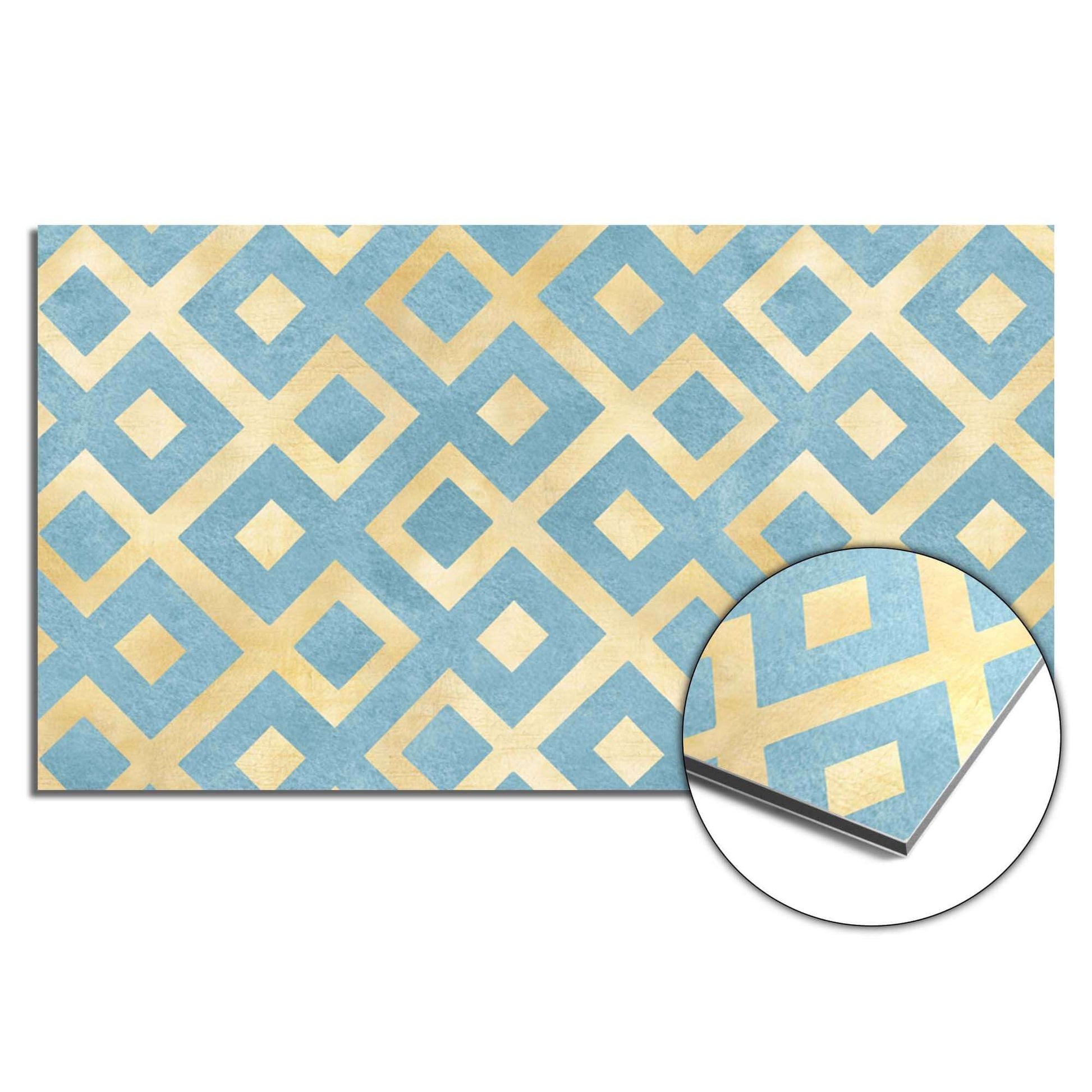 Deep Diamond Grid Spatscherm met azuurblauw en goud geometrisch patroon, ideaal als spatscherm of spatwand voor de keuken.