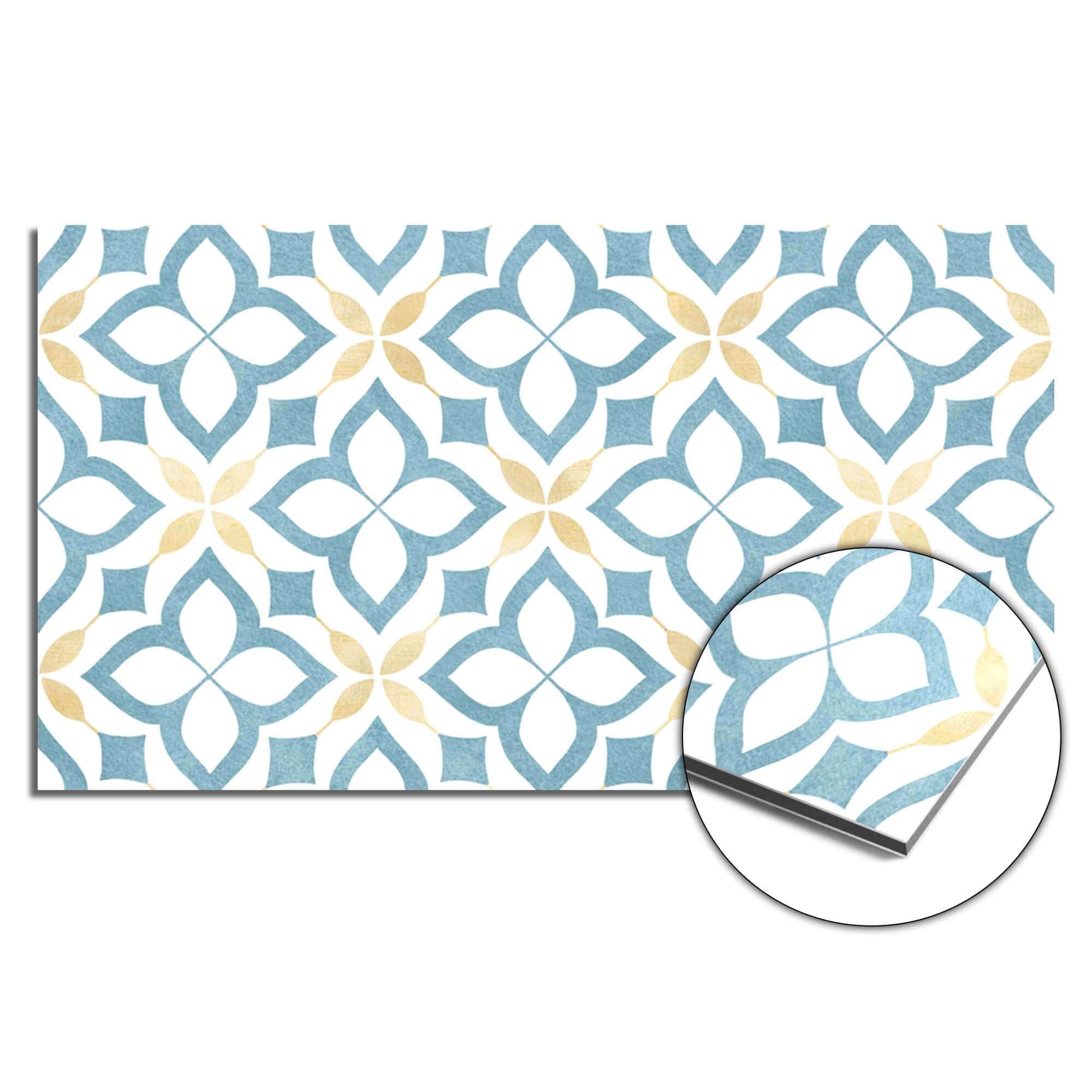 Deep Floral Cross Spatscherm met bloemenpatroon, een kleurrijk keuken spatscherm en spatwand in warme goud- en blauwtinten.