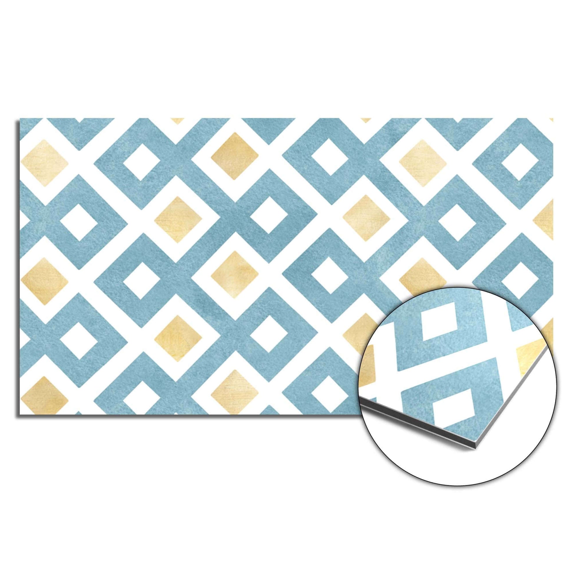 Diamond Wave Blue Spatscherm met modern diamantpatroon, ideaal als keuken spatscherm of spatwand in blauw en goud design.