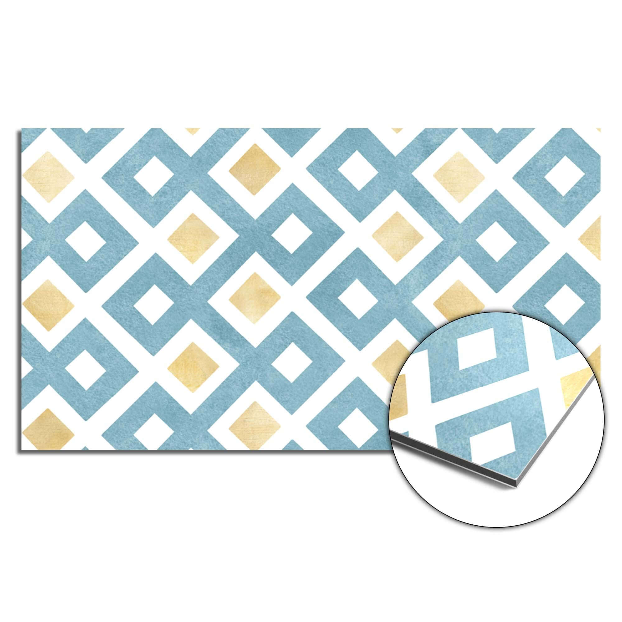 Diamond Wave Blue Spatscherm met modern diamantpatroon, ideaal als keuken spatscherm of spatwand in blauw en goud design.