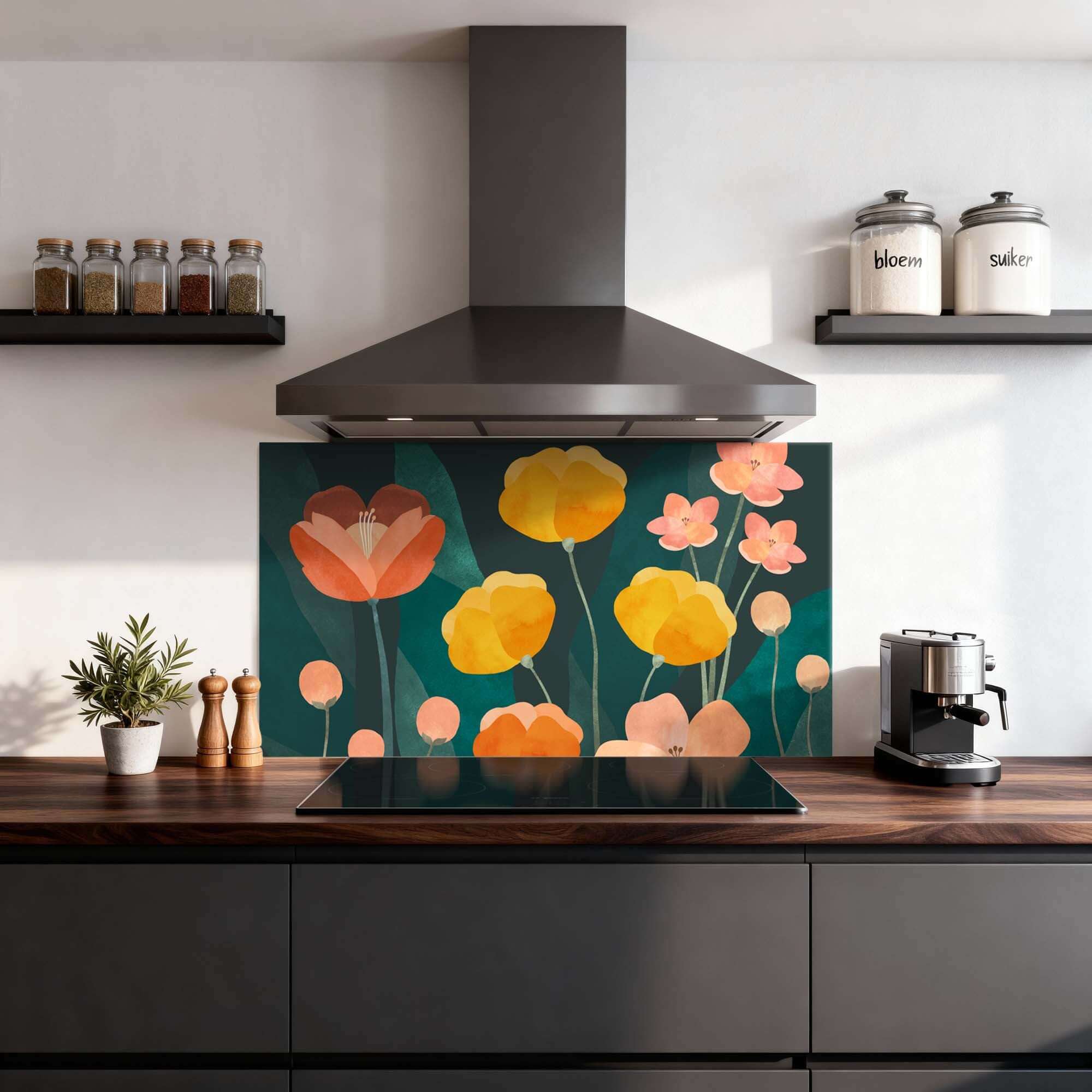 Evening Garden Spatscherm in een keuken met diepe groentinten en zachte bloemen, ideaal als hittebestendig keuken spatscherm.