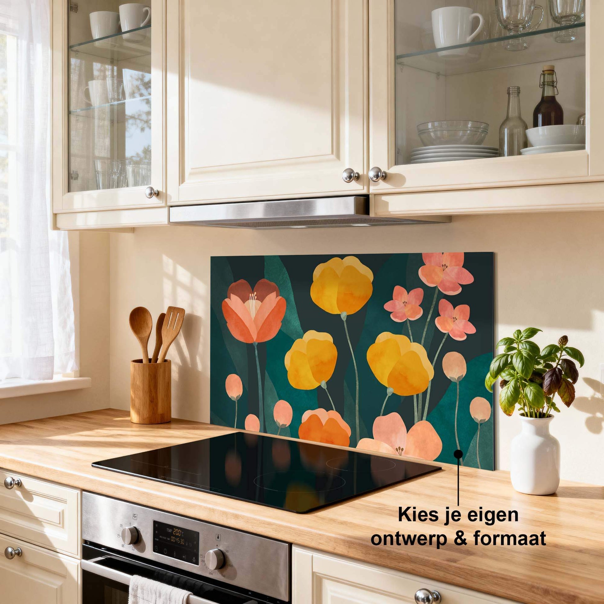 Evening Garden Spatscherm met bloemenprint voor keuken, ideaal als hittebestendige Spatwand. Keuken Spatscherm in warme botanische kleuren.