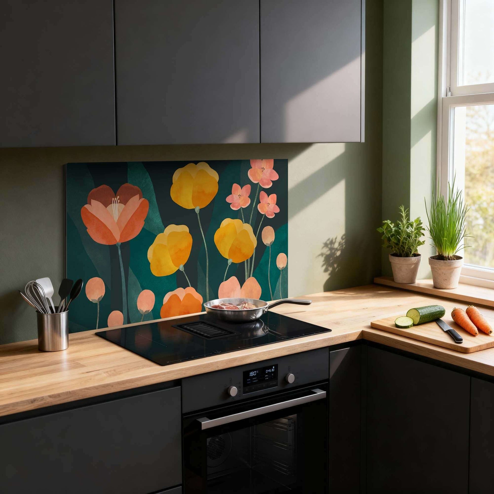 Evening Garden Spatscherm in een moderne keuken, met groene tinten en oranje roze bloemen, ideaal spatscherm en spatwand boven het fornuis.