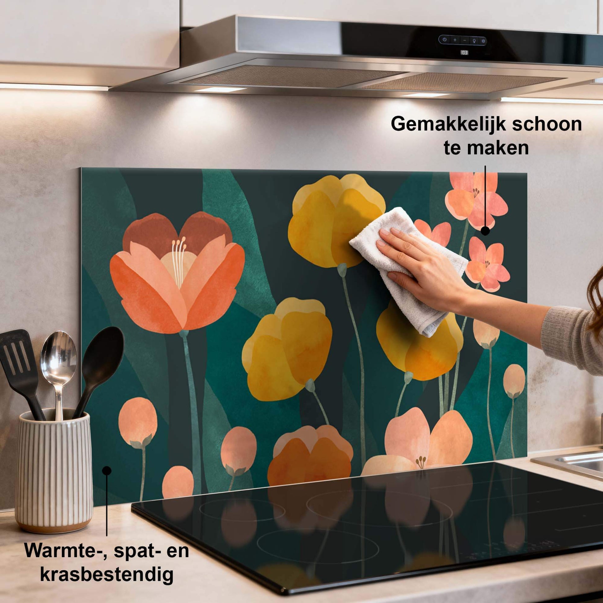 Evening Garden Spatscherm met botanische bloemenprint, ideaal Spatscherm voor de keuken, hittebestendig en makkelijk schoon te maken.