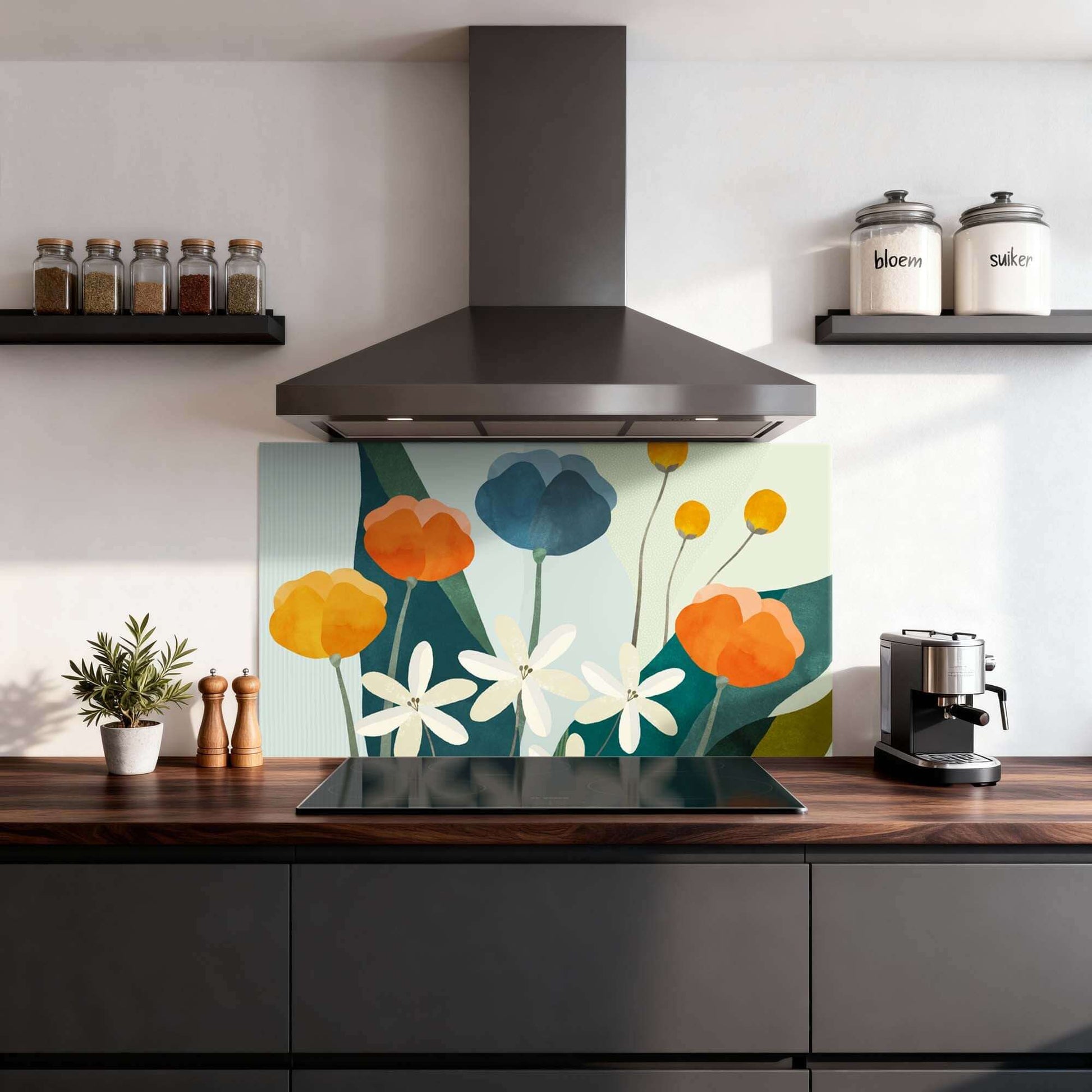 Garden Melody Spatscherm met blauw, oranje, wit bloemen; moderne keuken Spatwand, hittebestendig en duurzaam.