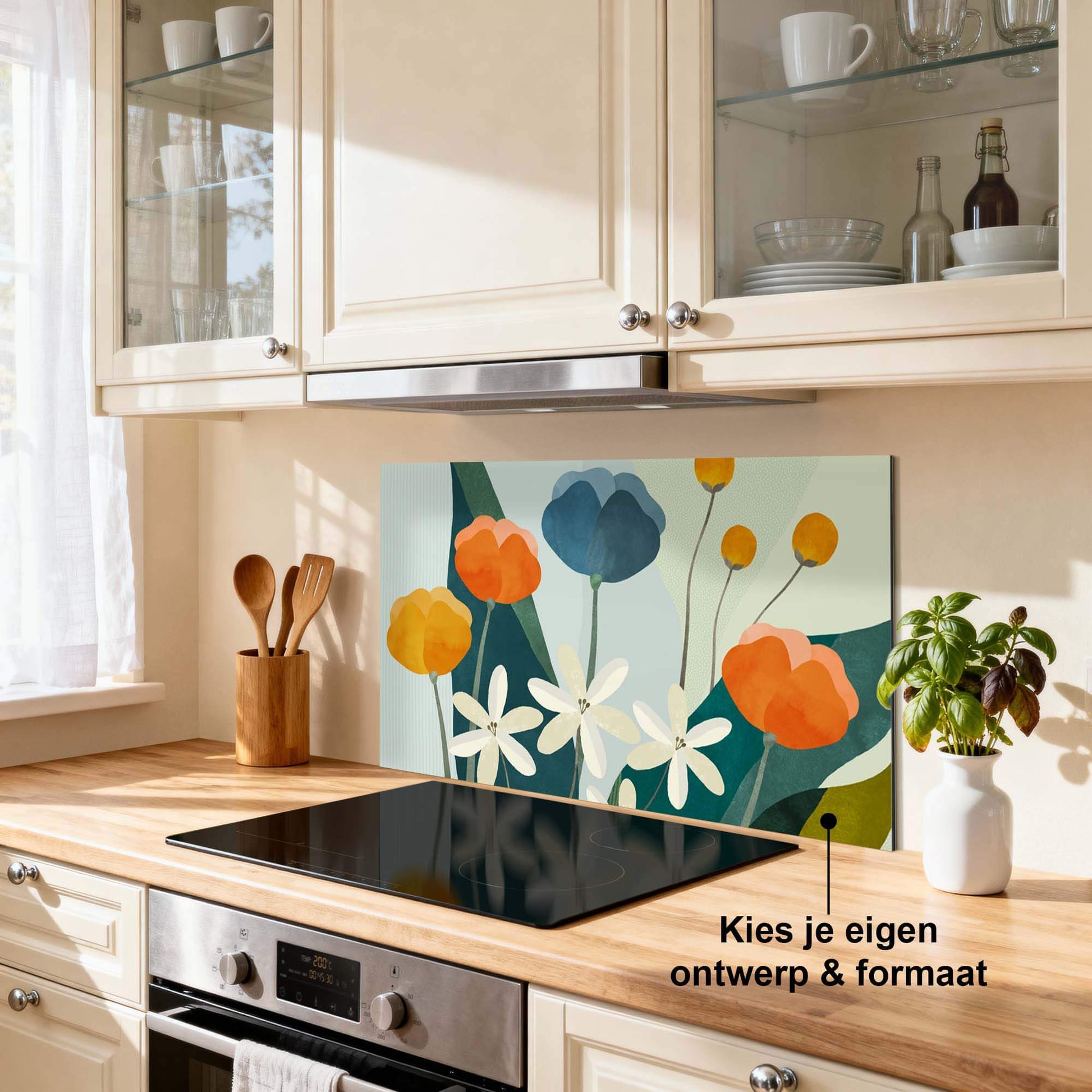 Garden Melody Spatscherm met bloemenprint in keuken, hittebestendige en duurzame spatwand, eenvoudig schoon te maken.