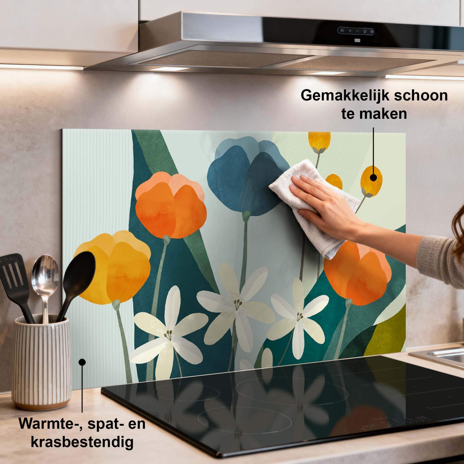 Garden Melody Spatscherm in keuken met bloemenprint, hittebestendig en duurzaam, eenvoudig schoon te maken, moderne spatwand