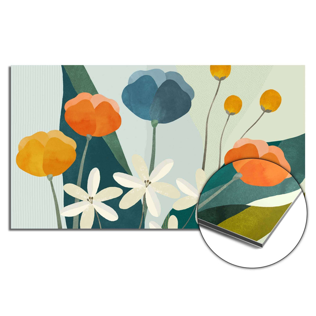 Garden Melody Spatscherm met bloemen in blauw, oranje, en wit op lichte achtergrond, ideaal als hittebestendig keuken spatscherm. Spatwand.