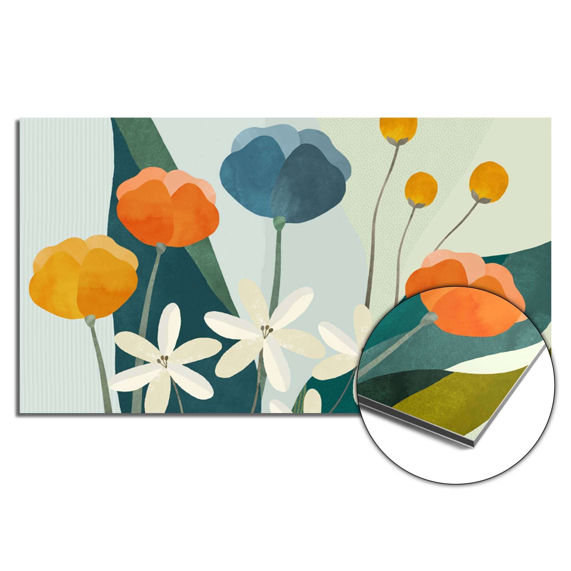 Garden Melody Spatscherm met bloemen in blauw, oranje, en wit op lichte achtergrond, ideaal als hittebestendig keuken spatscherm. Spatwand.