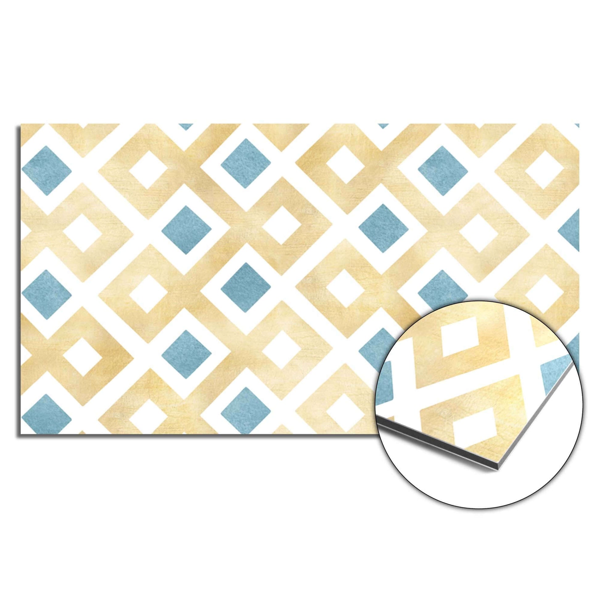 Golden Diamond Grid Spatscherm met goudtinten en azuurblauw patroon, ideaal als spatwand of keuken spatscherm in moderne stijl.