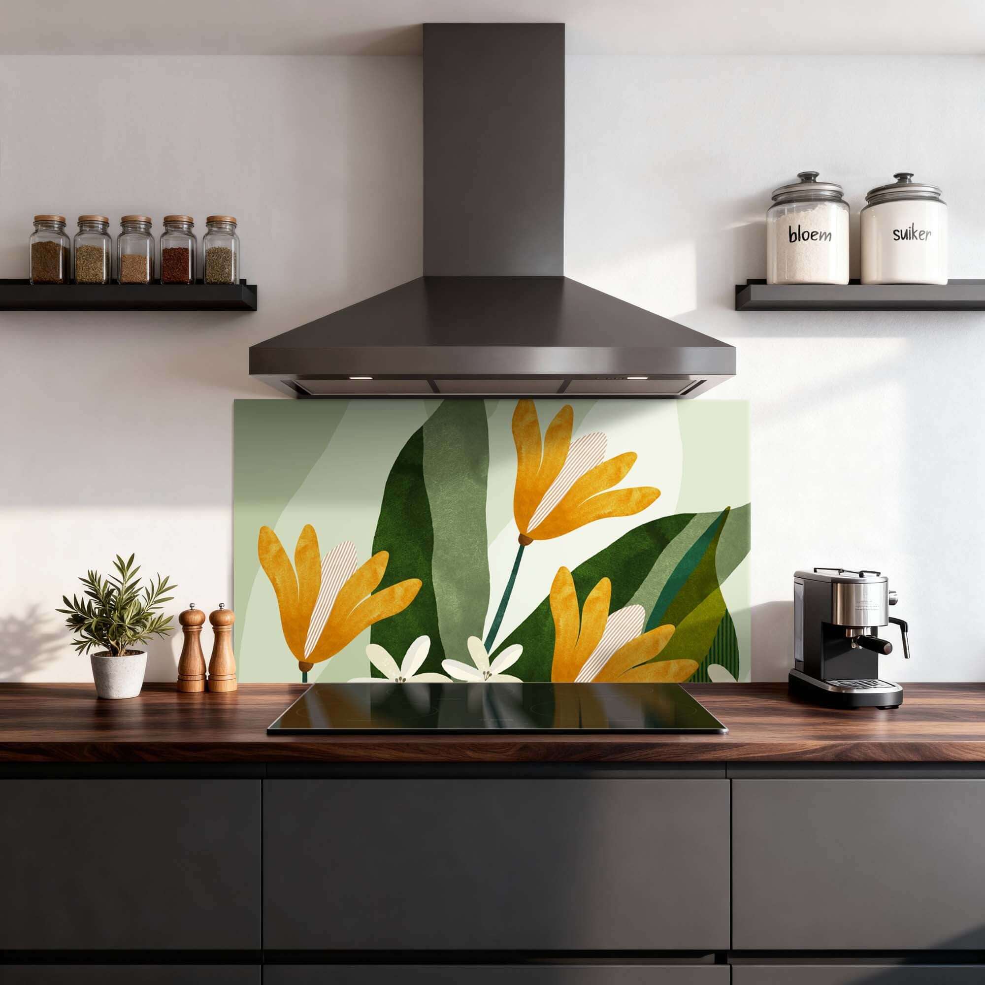 Golden Petals Spatscherm met gele bloemen en groene bladeren in keuken, hittebestendig en stijlvol spatwand.
