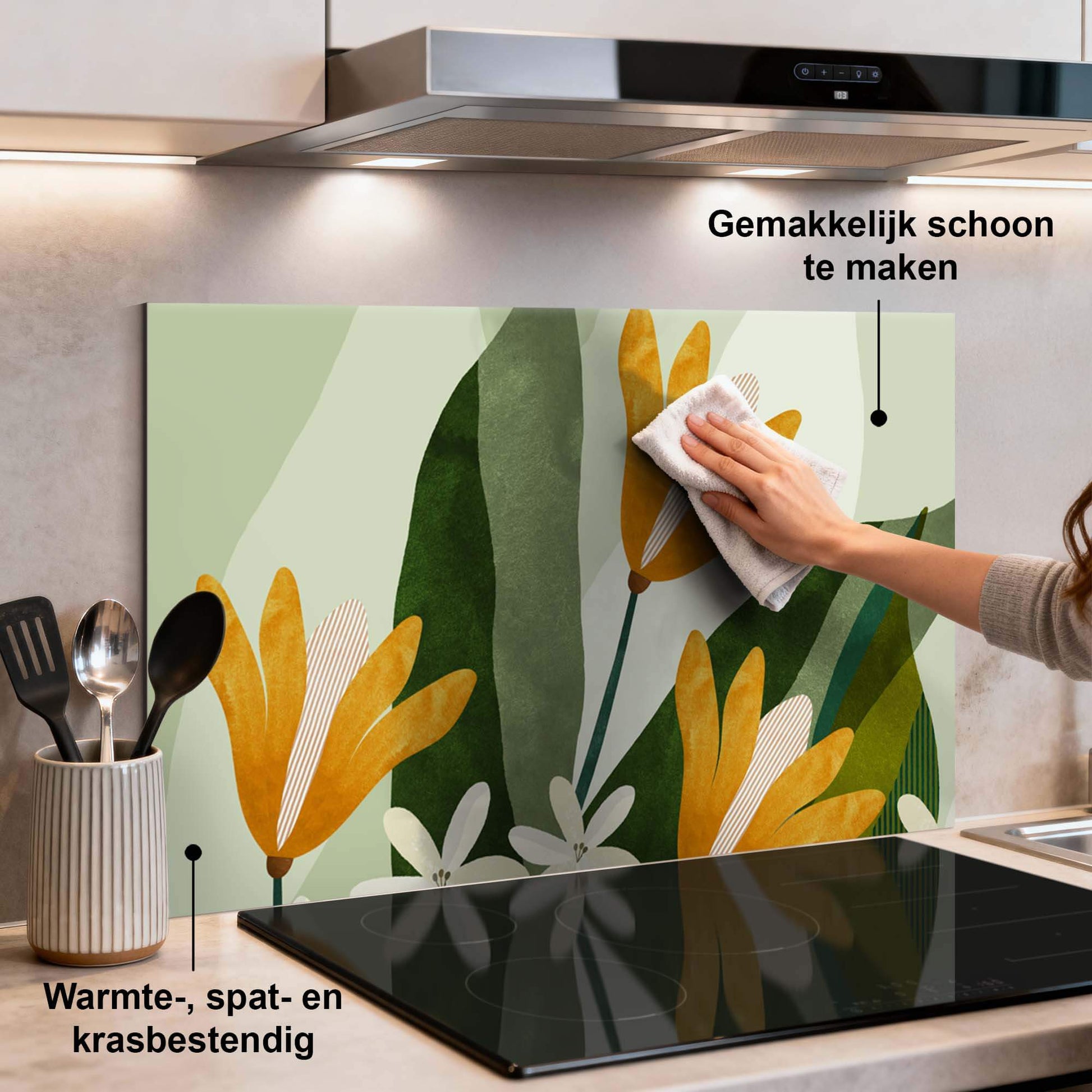 Golden Petals Spatscherm met gele bloemen en groene bladeren, keuken spatscherm en spatwand, hittebestendig en makkelijk schoon te maken.