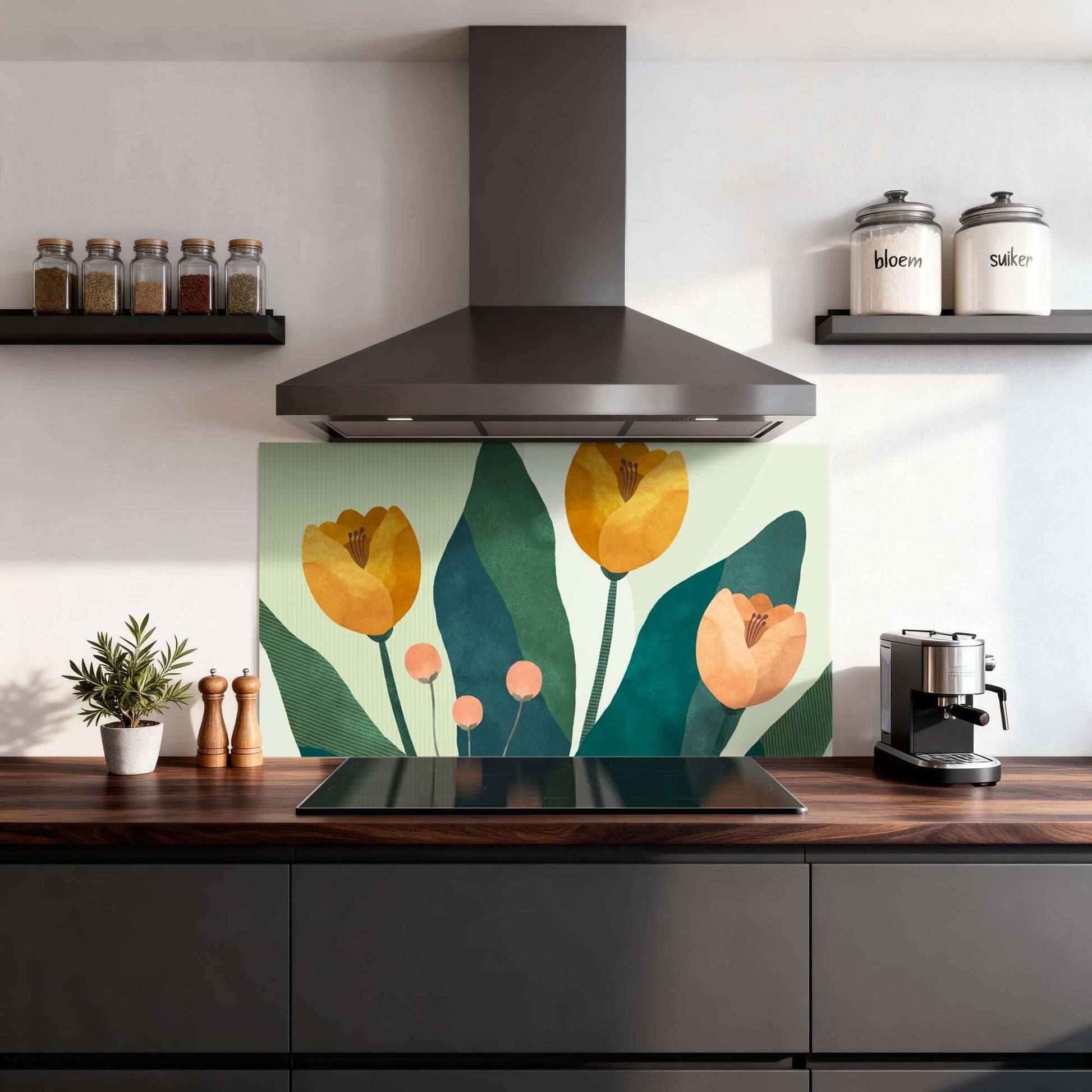 Golden Trio Spatscherm met botanisch design in gele bloemen en groentinten, perfect als keuken spatscherm of spatwand.