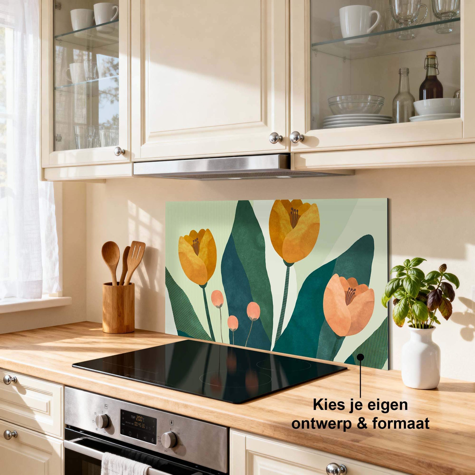 Golden Trio Spatscherm met botanisch design, keuken spatscherm met gele bloemen en diepe groentinten, spatwand voor een elegante keuken