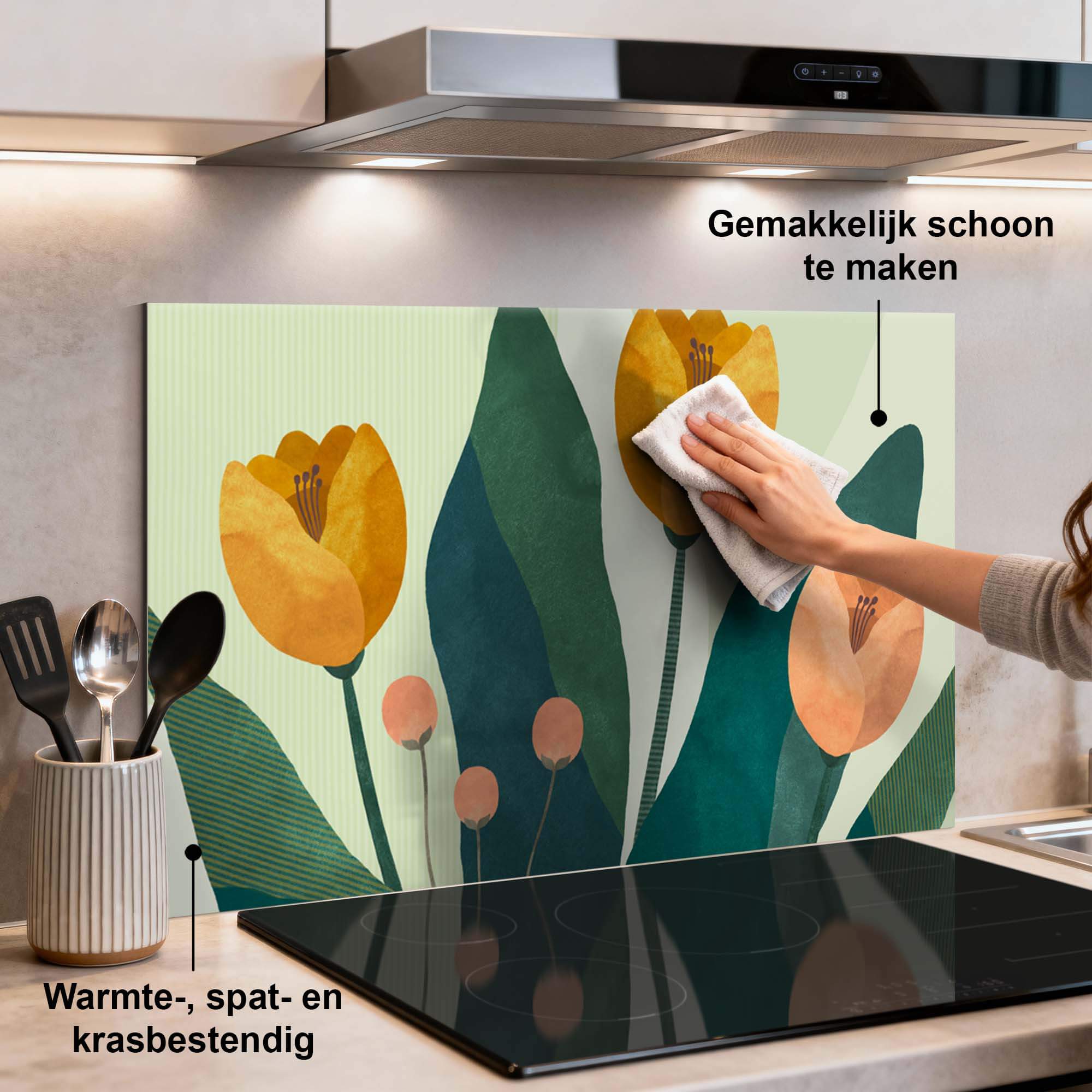 Golden Trio Spatscherm met botanisch design, keuken spatscherm met gele bloemen en groentinten, spatwand hittebestendig en duurzaam