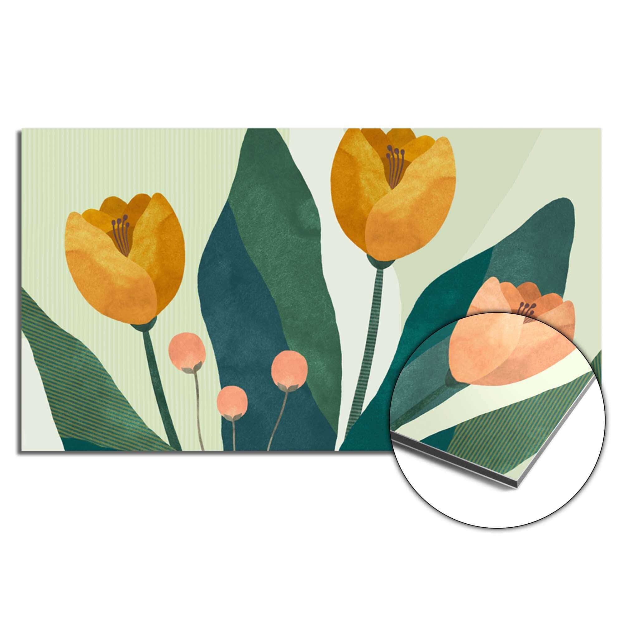 Golden Trio Spatscherm met botanisch design, hittebestendig en stijlvol keuken spatscherm met gele bloemen en groene bladeren.