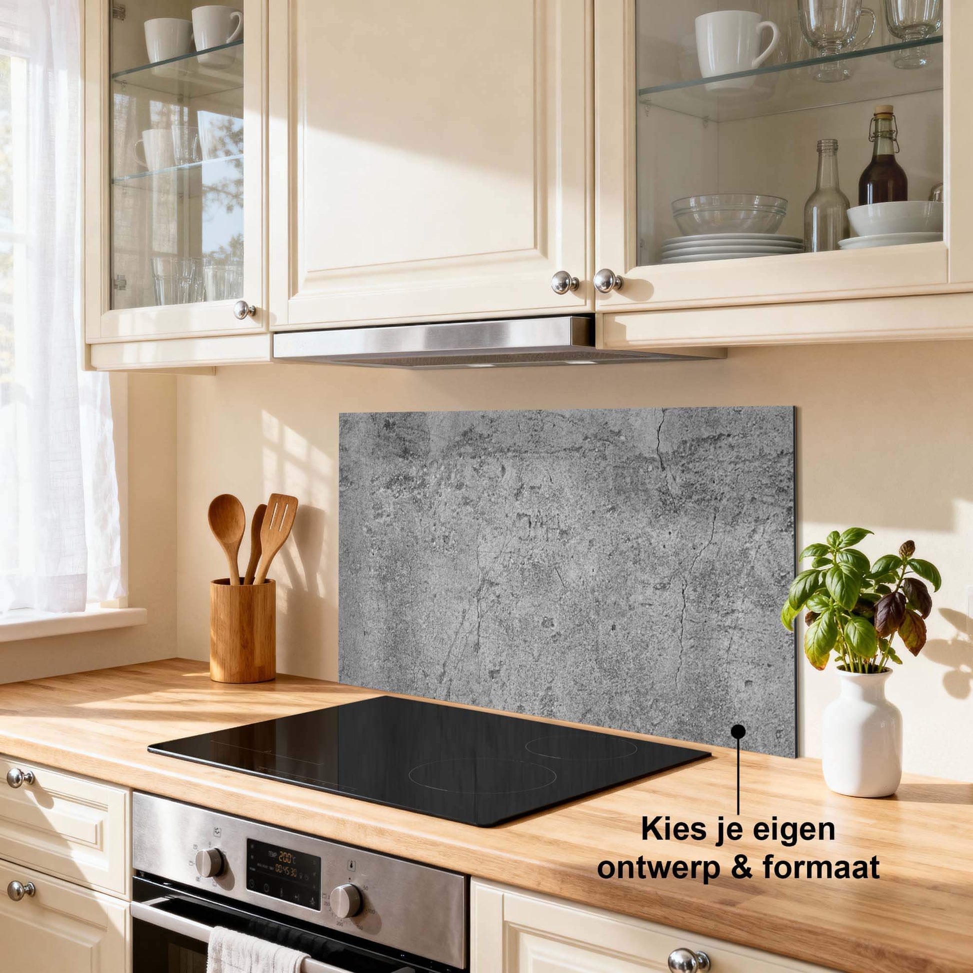 Industrial Raw Spatscherm in keuken, aluminium spatscherm, spatwand voor moderne keuken, krasvast en hittebestendig ontwerp.