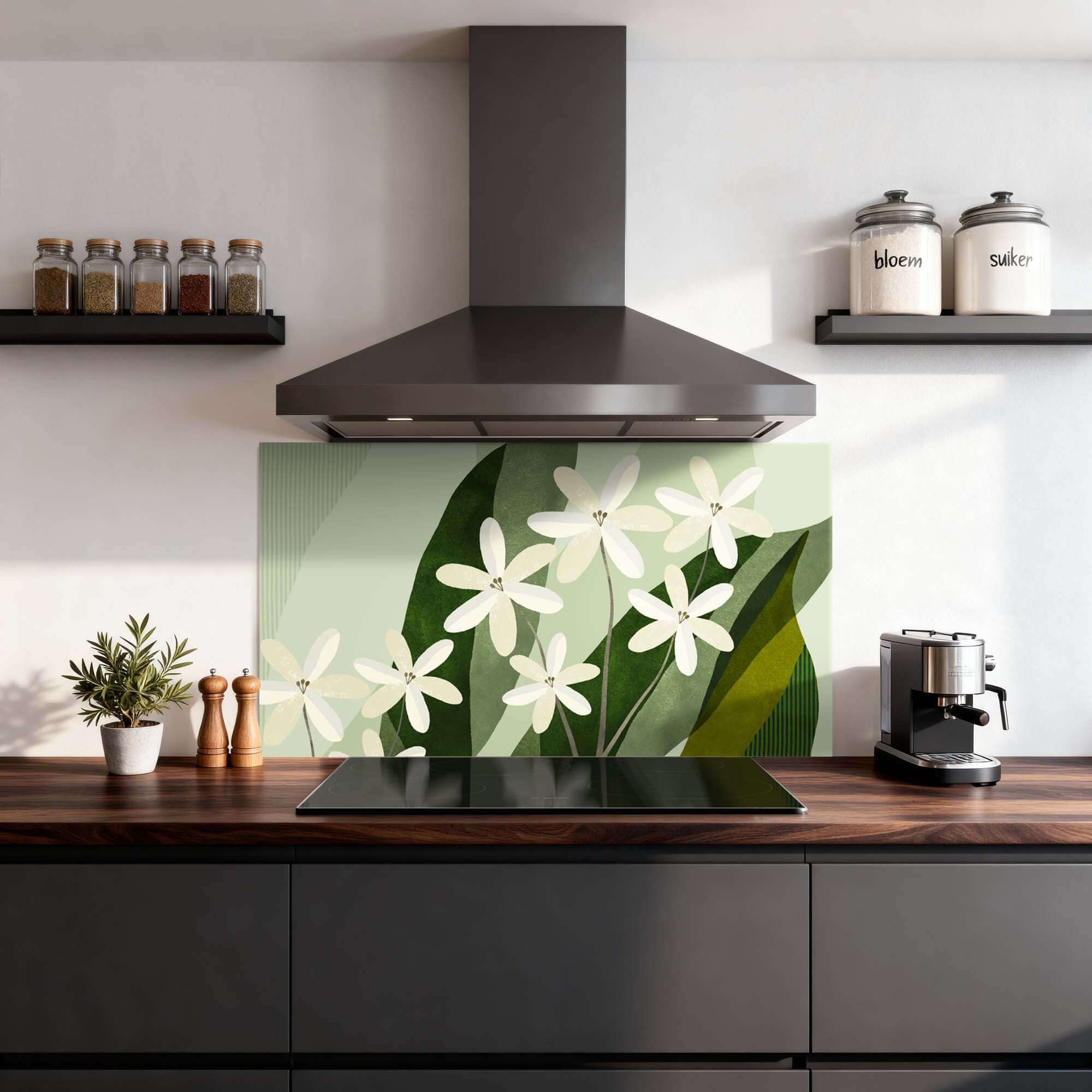 Ivory Cluster Spatscherm in keuken met botanisch design en ivoorwitte bloemen. Hittebestendige spatwand en keuken spatscherm in groene tinten.