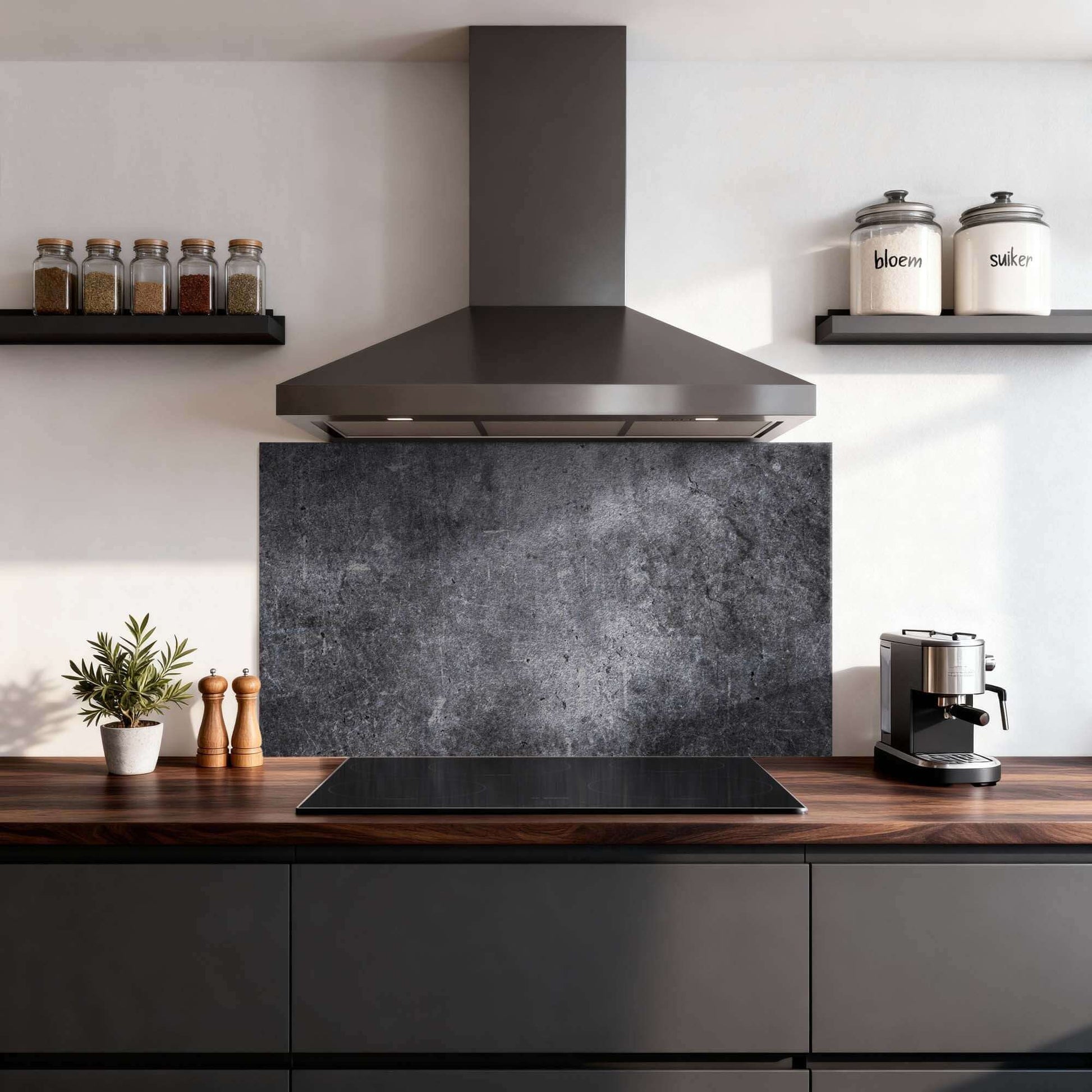 Midnight Concrete Spatscherm in een moderne keuken met zwarte en houten elementen, duurzaam en stijlvol Keuken Spatscherm.